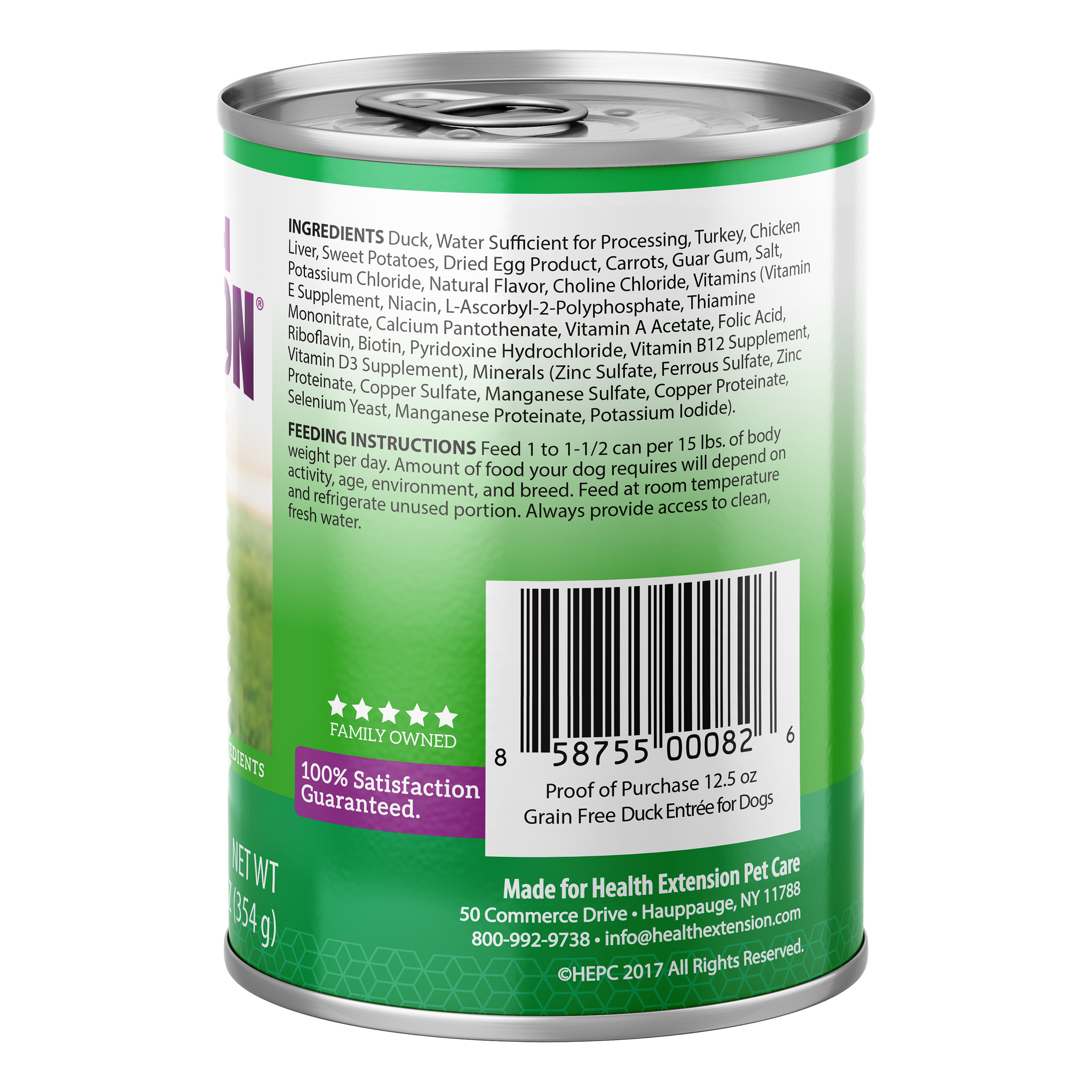 A 12.5 oz can of Health Extension Grain Free Duck Entree, a limited ingredient dog food featuring natural ingredients with added vitamins and minerals, shown with a black and white dog on a grassy background.