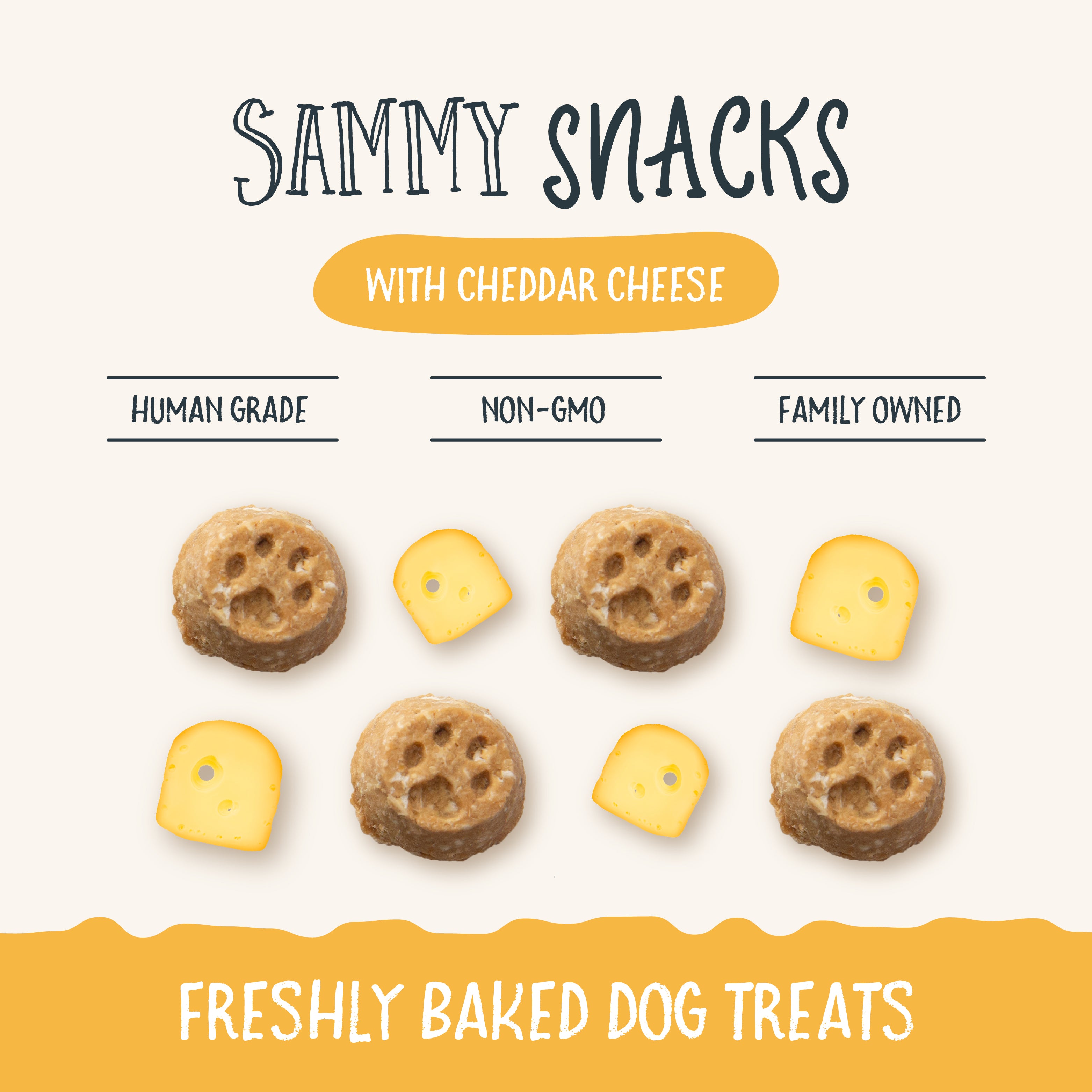 Sammy Snacks Cheddar showing the treat and how it is human grade, non-GMO, and produced by a family owned company