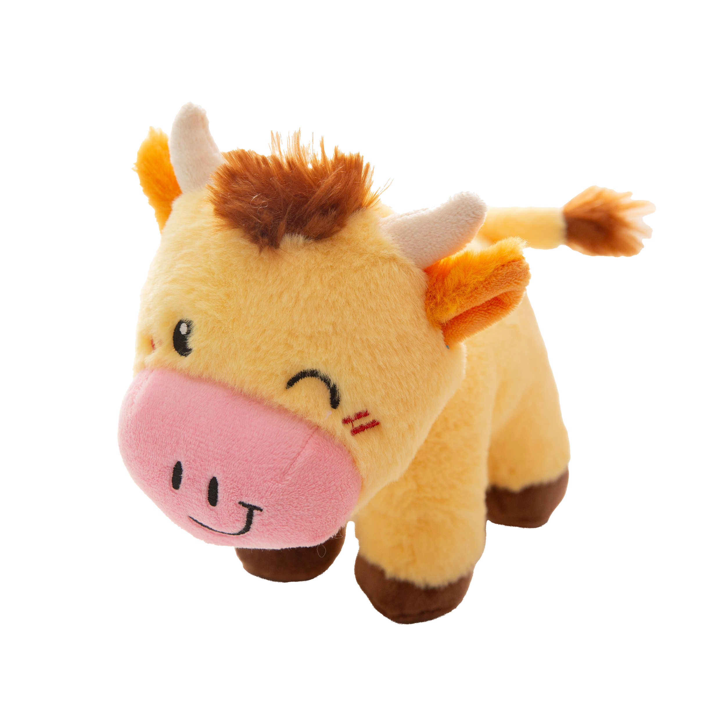 Snugarooz Honey Moo is a cute, eco-friendly plush cow dog toy with yellow fur, brown horns, a big pink snout, and a winking eye—perfect for your furry friend.