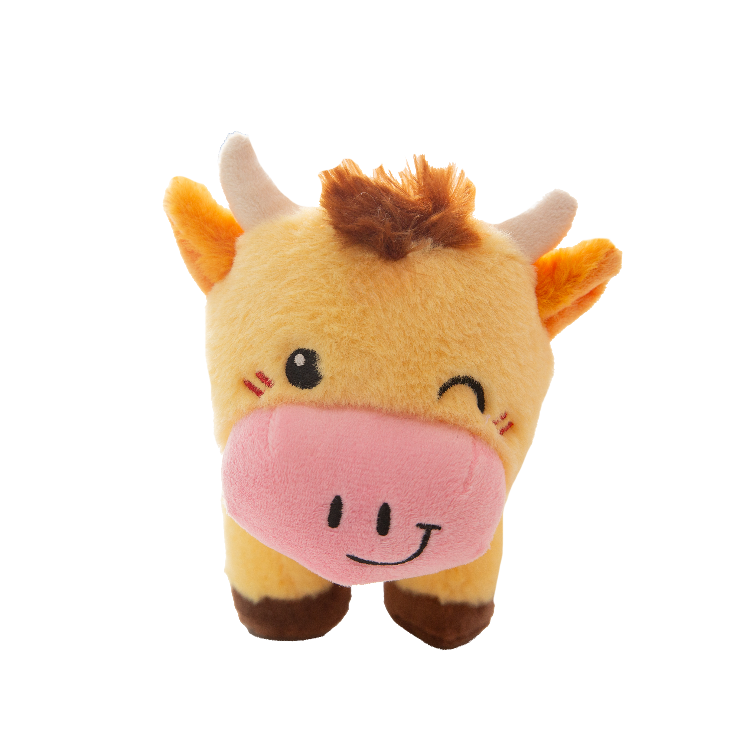 Snugarooz Honey Moo is a cute, eco-friendly plush cow dog toy with yellow fur, brown horns, a big pink snout, and a winking eye—perfect for your furry friend.
