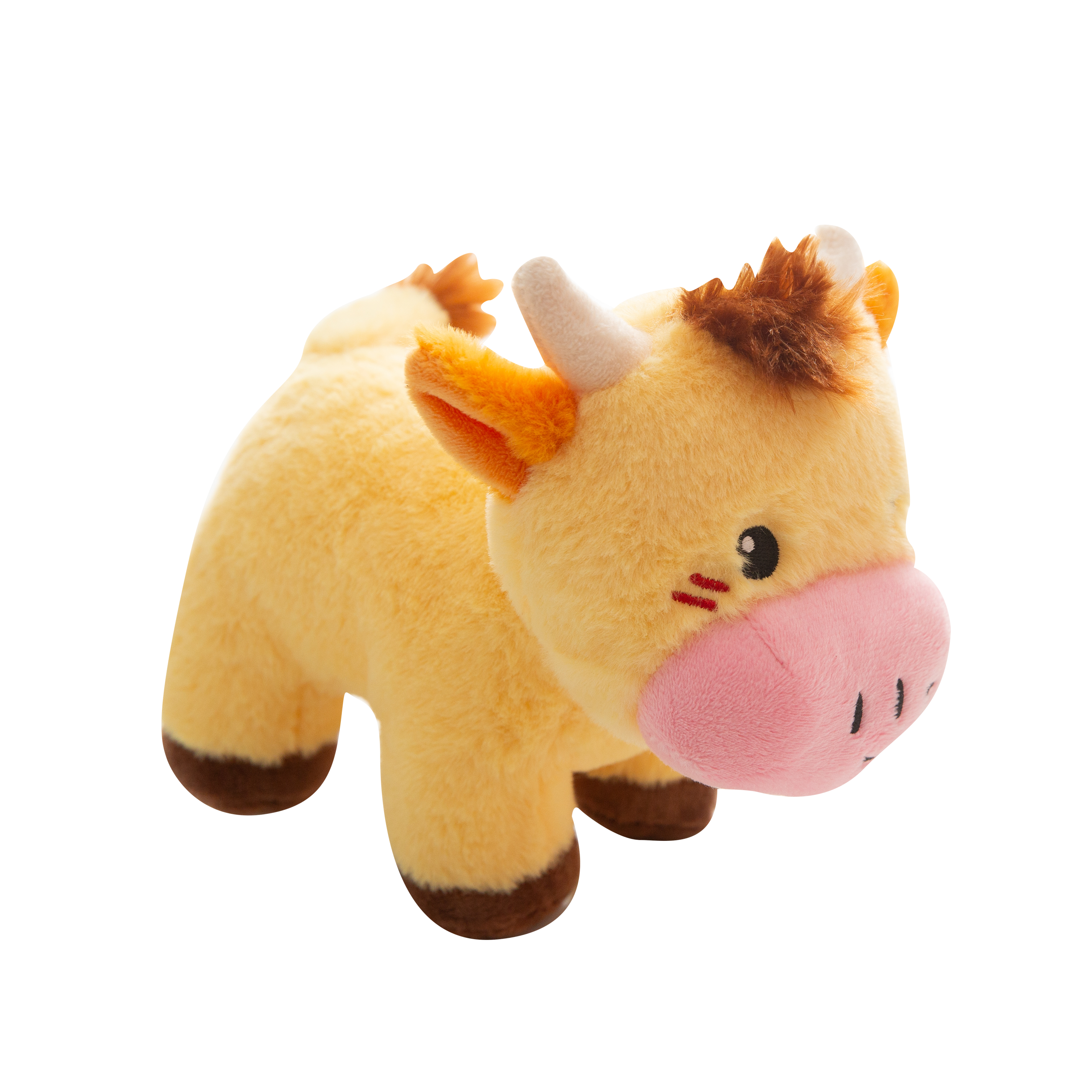 Snugarooz Honey Moo is a cute, eco-friendly plush cow dog toy with yellow fur, brown horns, a big pink snout, and a winking eye—perfect for your furry friend.