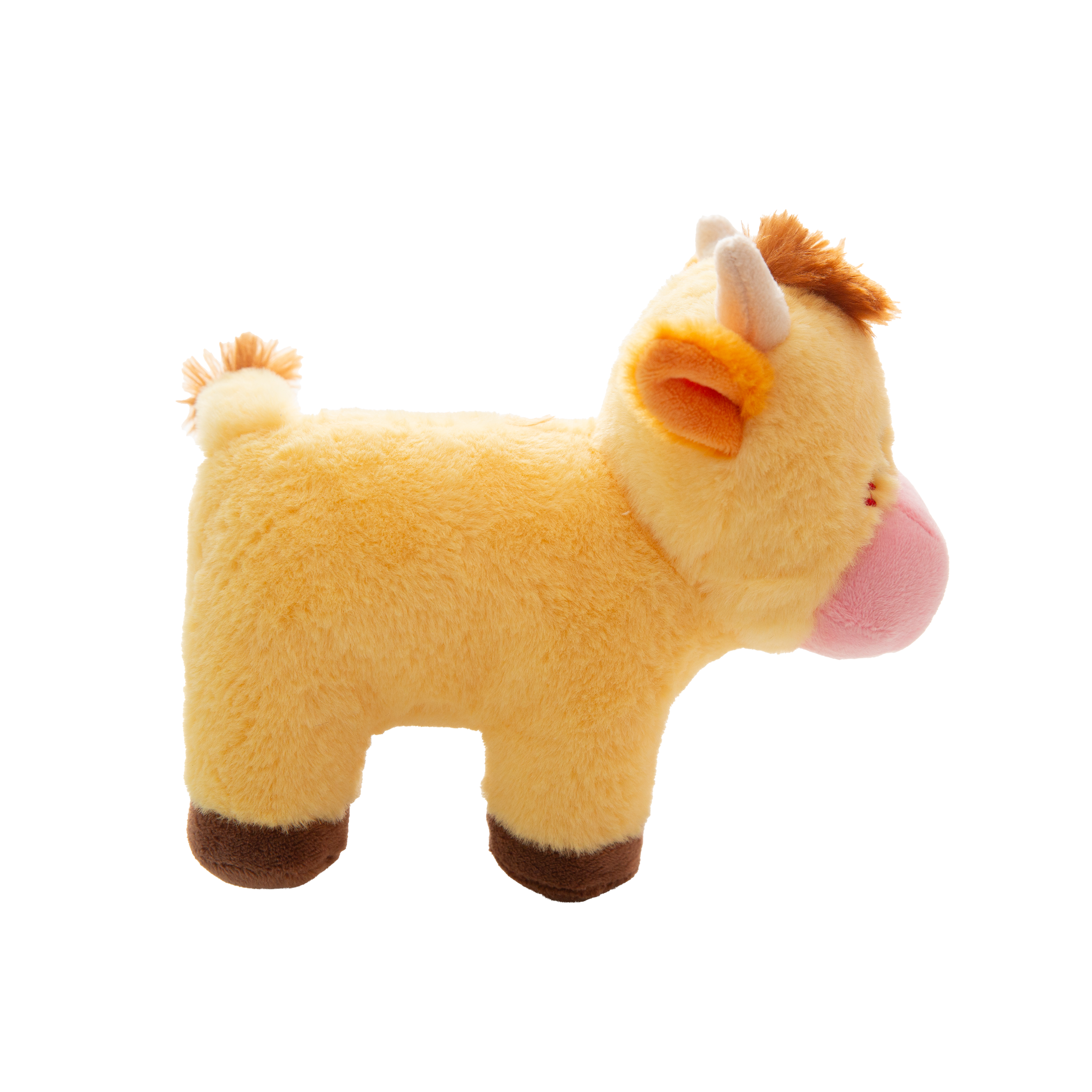 Snugarooz Honey Moo is a cute, eco-friendly plush cow dog toy with yellow fur, brown horns, a big pink snout, and a winking eye—perfect for your furry friend.