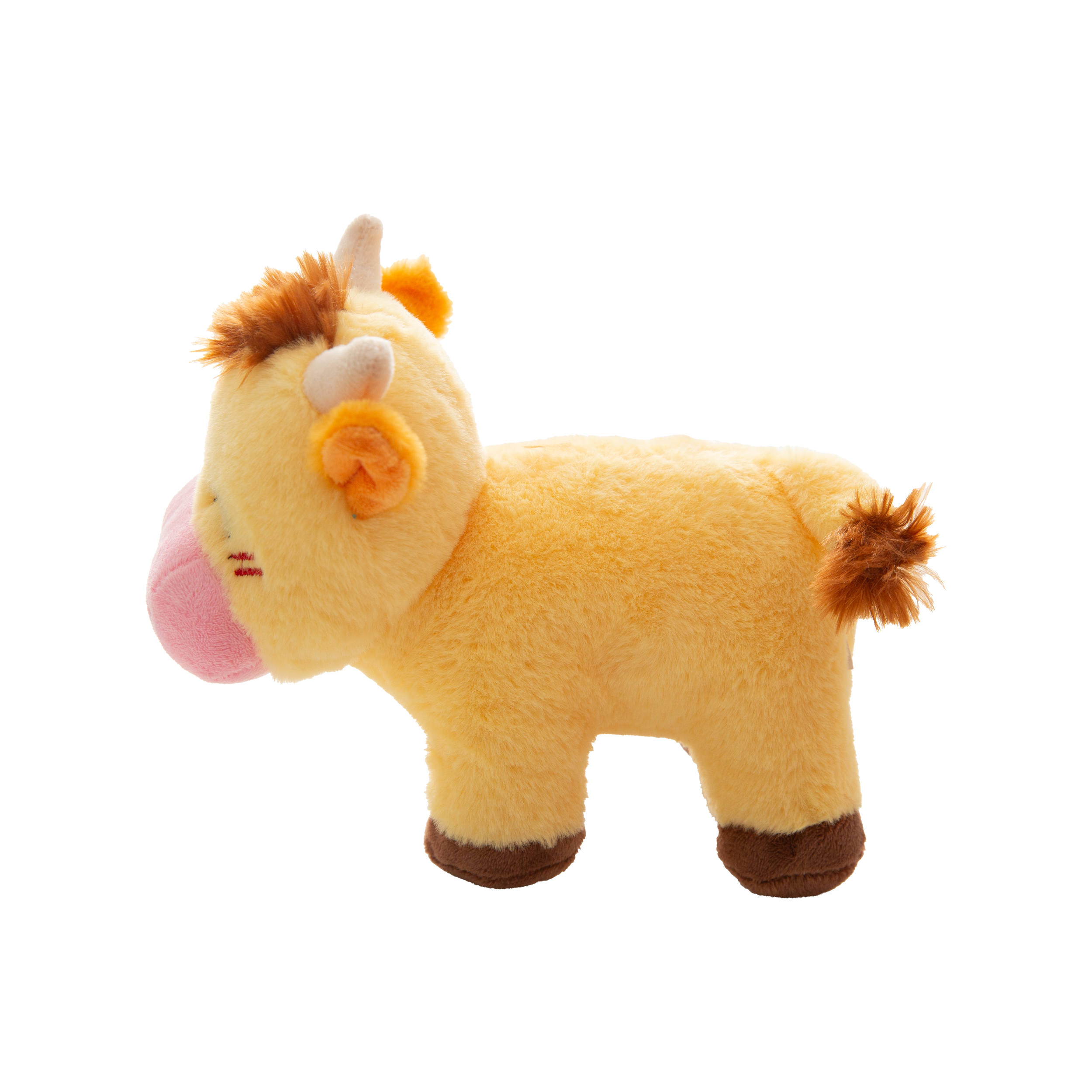 Snugarooz Honey Moo is a cute, eco-friendly plush cow dog toy with yellow fur, brown horns, a big pink snout, and a winking eye—perfect for your furry friend.