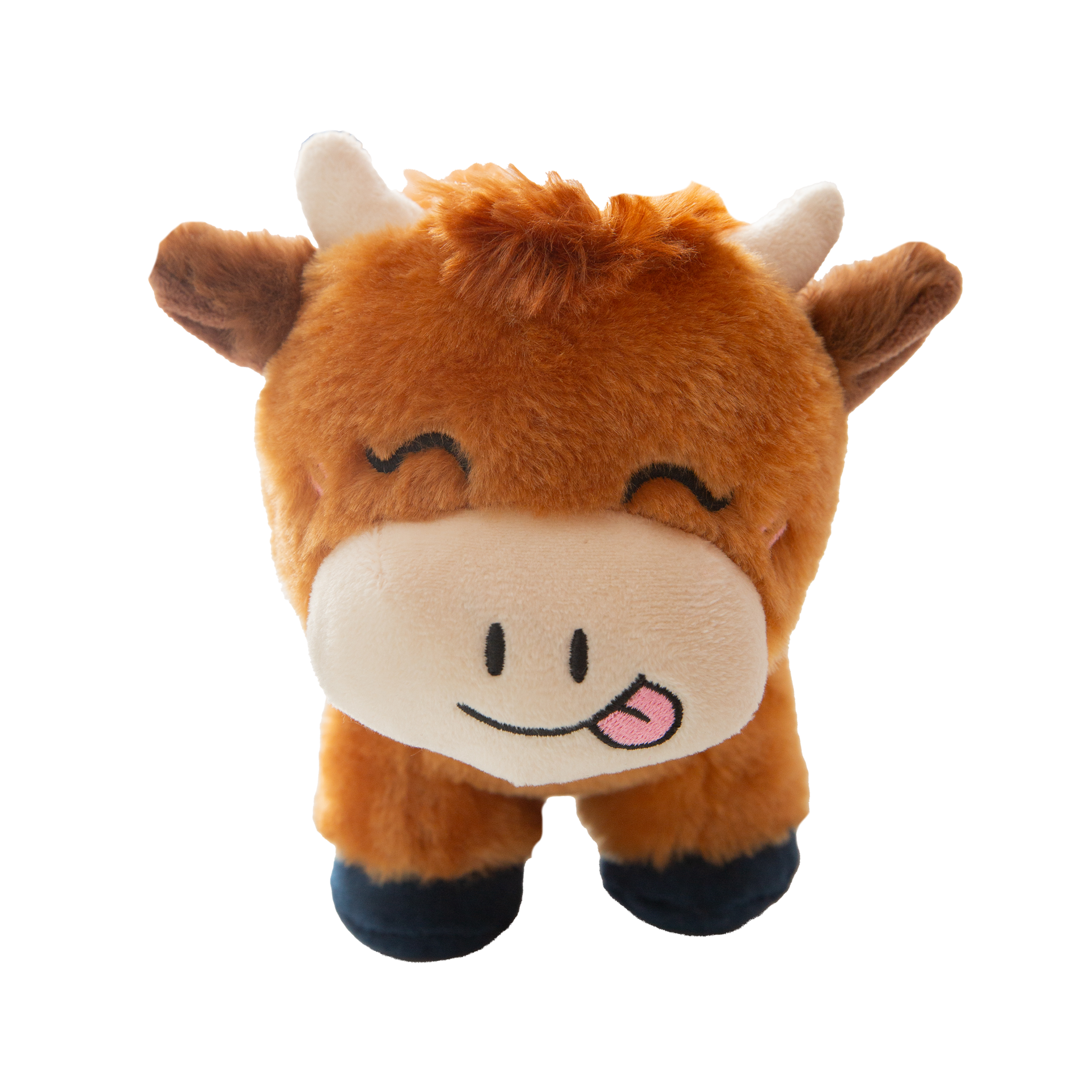 Howdy the Highland by Snugarooz is a cute, brown Highland cow dog toy with closed eyes, a happy smile, its tongue out, small white horns, and dark hooves—perfect for cuddling and playtime fun.