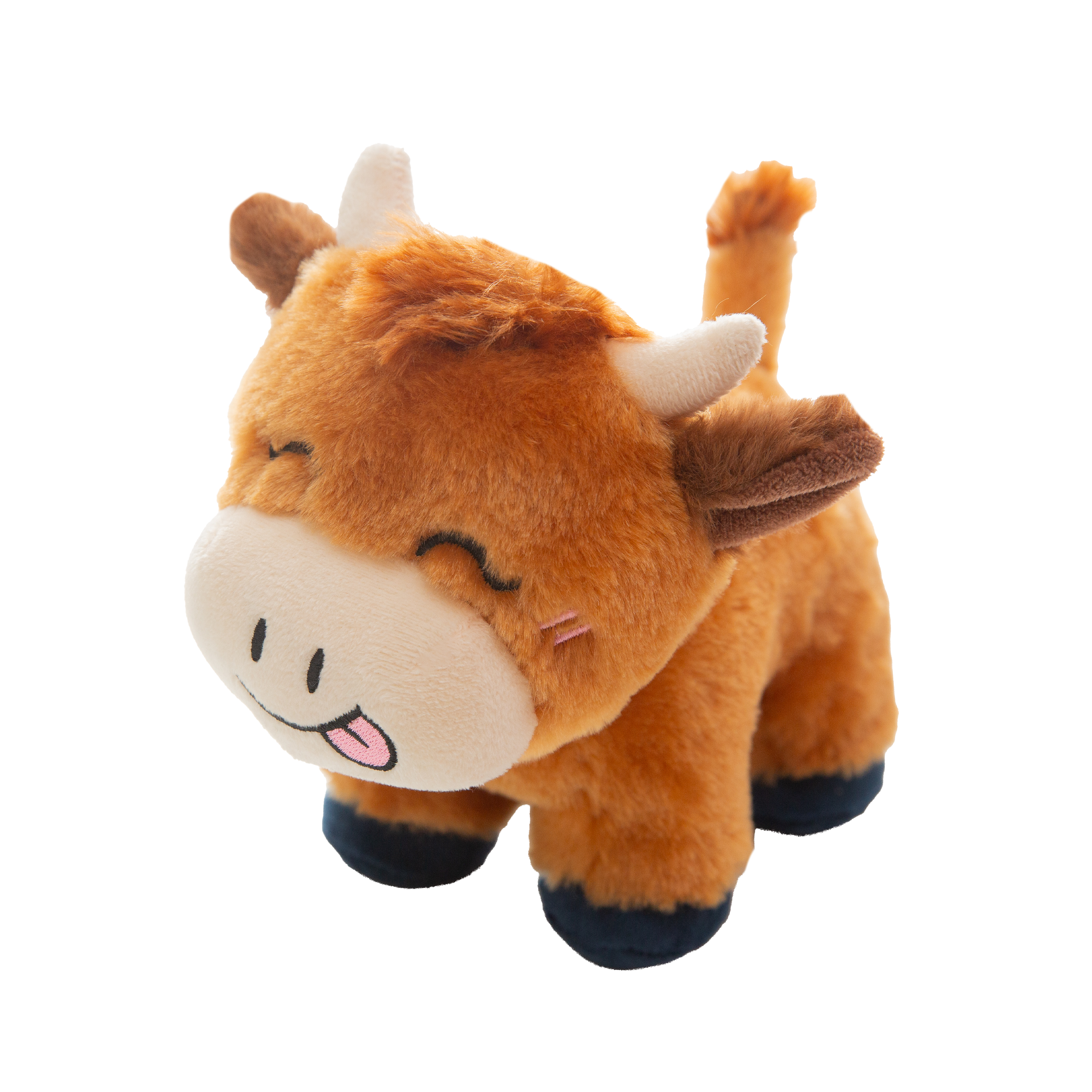 Howdy the Highland by Snugarooz is a cute, brown Highland cow dog toy with closed eyes, a happy smile, its tongue out, small white horns, and dark hooves—perfect for cuddling and playtime fun.