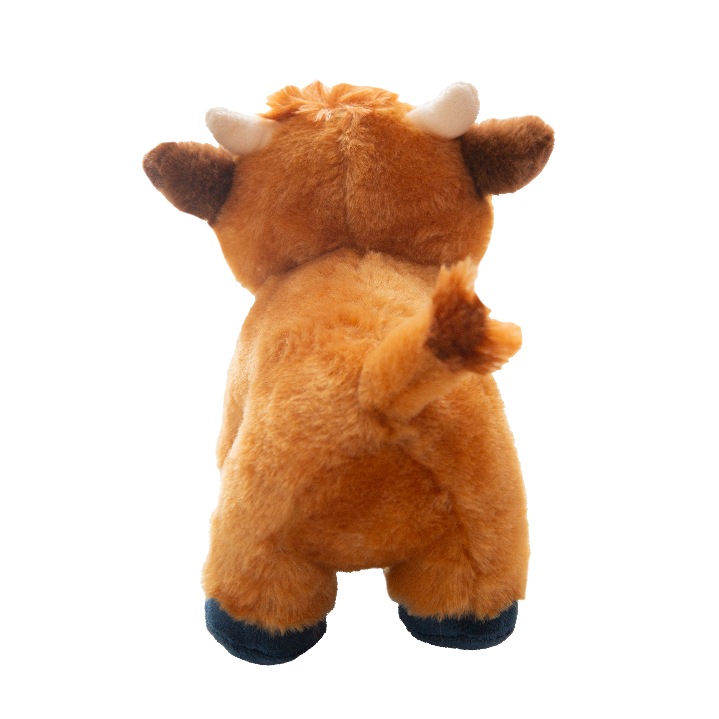 Howdy the Highland by Snugarooz is a cute, brown Highland cow dog toy with closed eyes, a happy smile, its tongue out, small white horns, and dark hooves—perfect for cuddling and playtime fun.