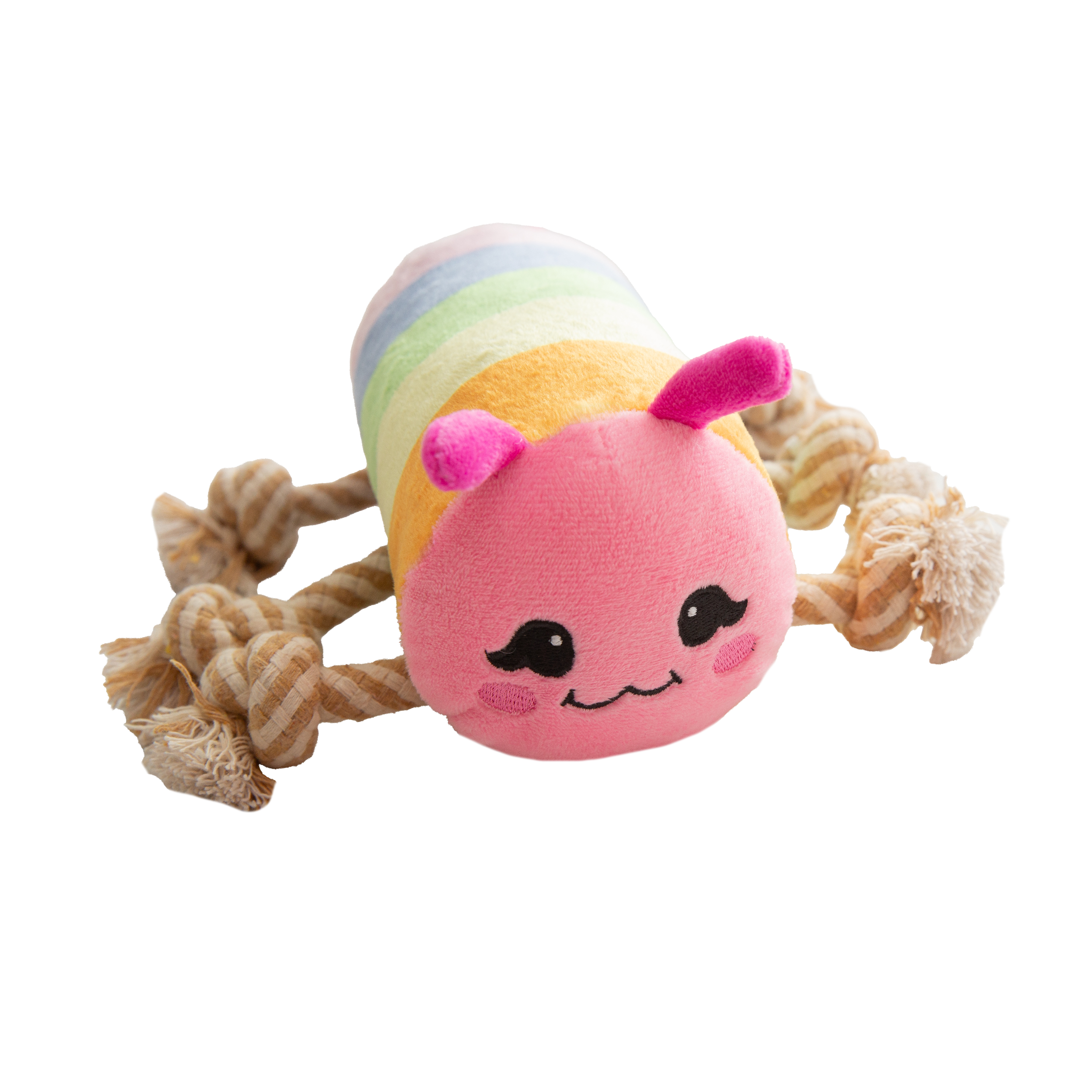 The Snugarooz Knot-A-Pillar is a colorful caterpillar-shaped plush dog toy with a pink smiling face, striped body, and knotted beige rope legs that act as handles. Made from recycled water bottles for eco-friendly play.