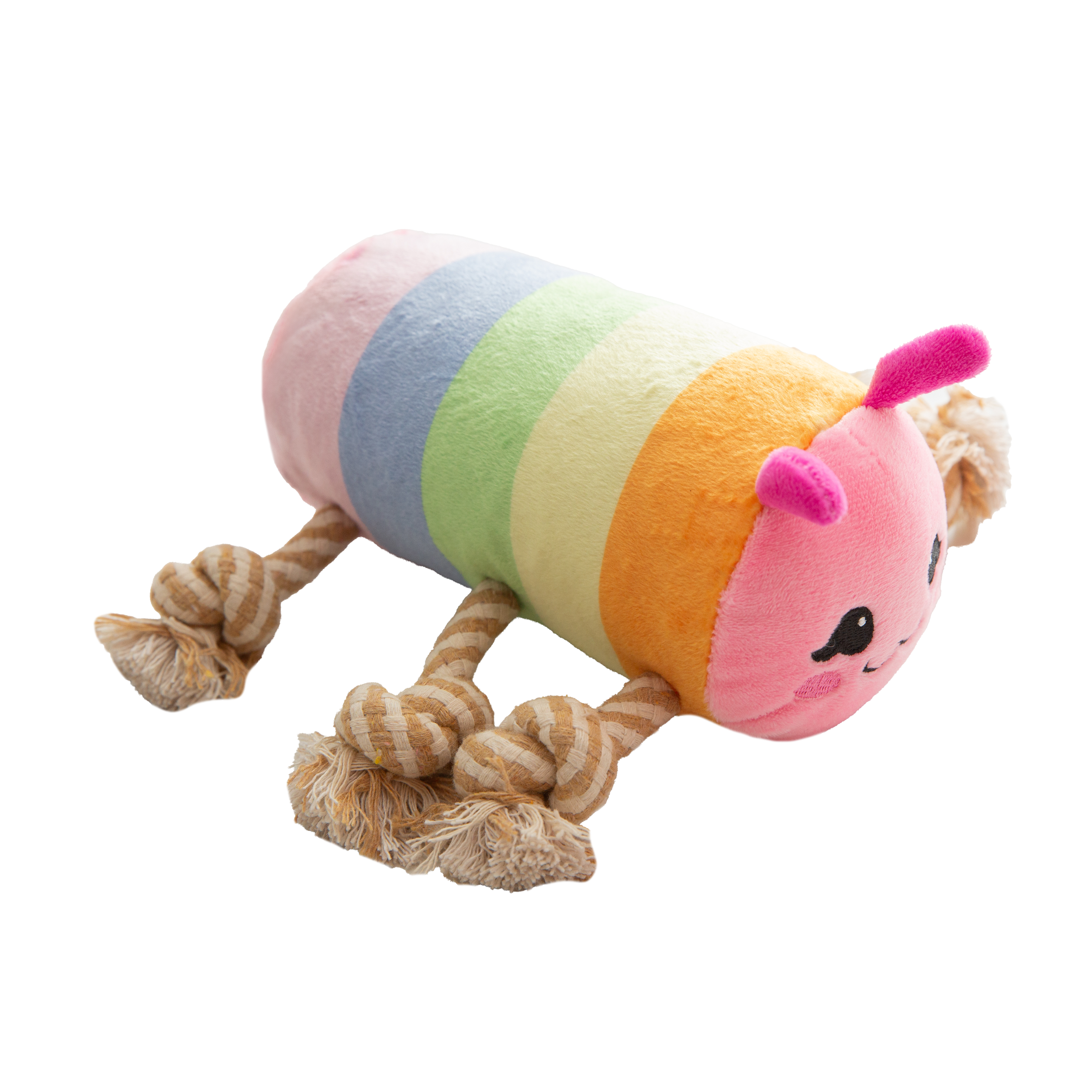 The Snugarooz Knot-A-Pillar is a colorful caterpillar-shaped plush dog toy with a pink smiling face, striped body, and knotted beige rope legs that act as handles. Made from recycled water bottles for eco-friendly play.