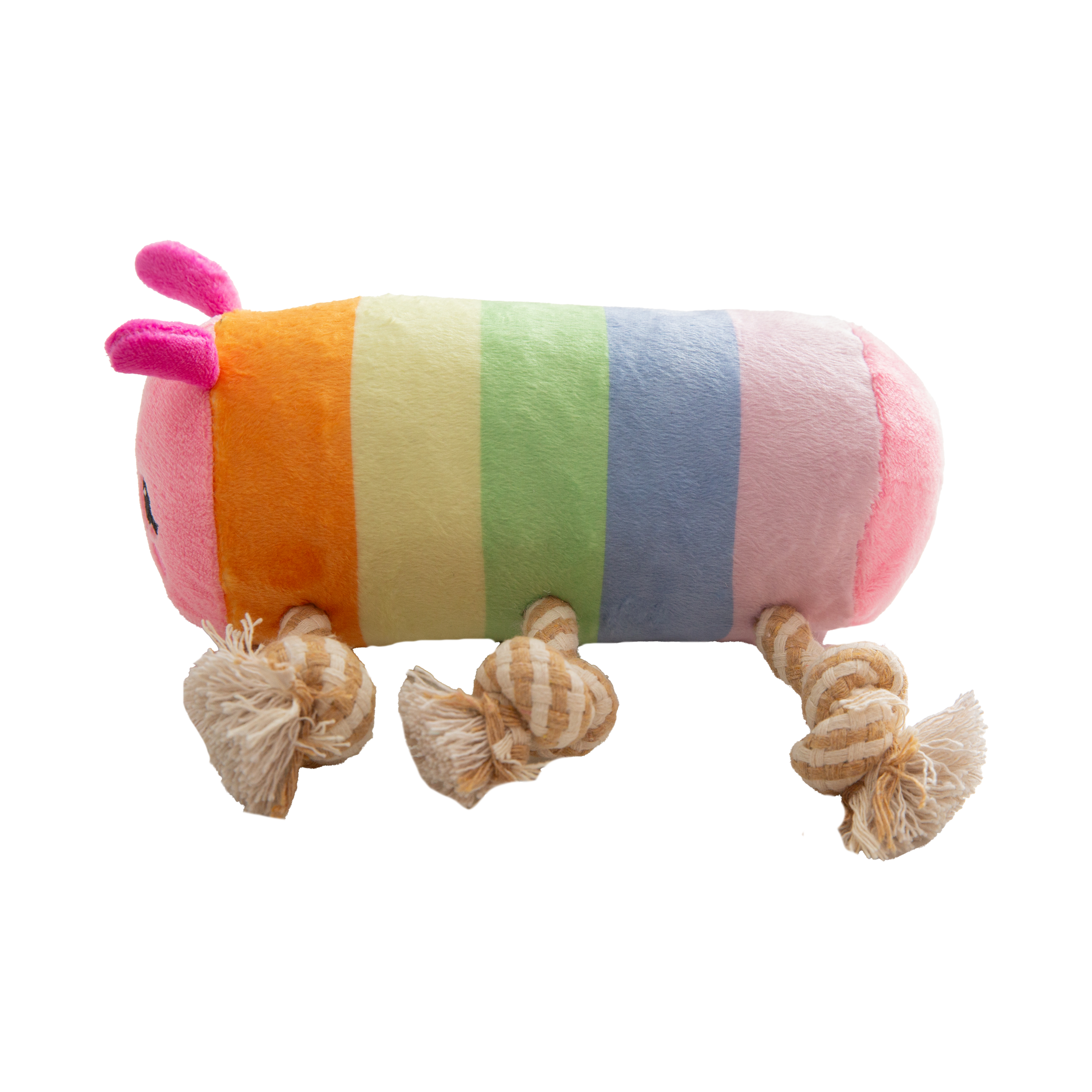 The Snugarooz Knot-A-Pillar is a colorful caterpillar-shaped plush dog toy with a pink smiling face, striped body, and knotted beige rope legs that act as handles. Made from recycled water bottles for eco-friendly play.
