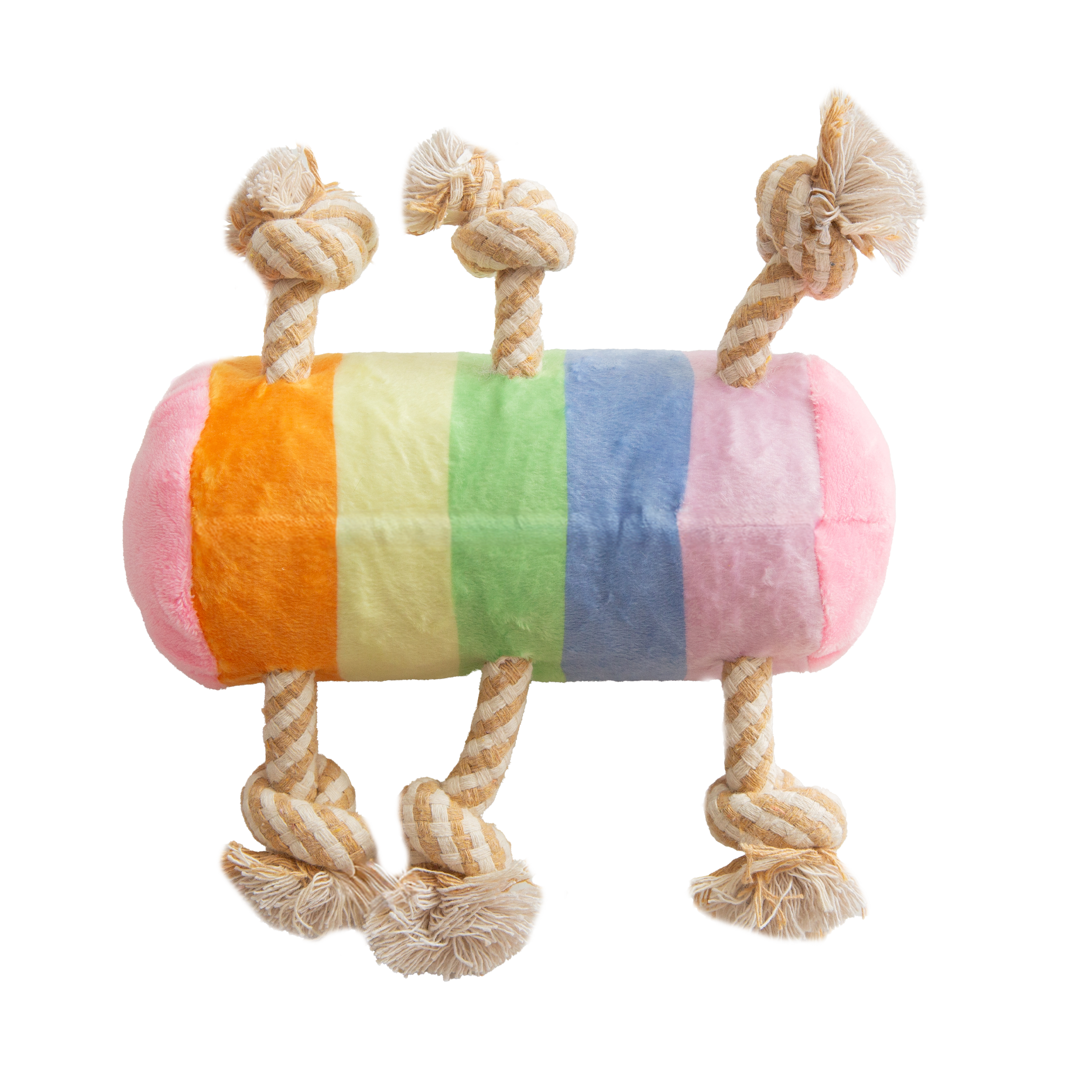 The Snugarooz Knot-A-Pillar is a colorful caterpillar-shaped plush dog toy with a pink smiling face, striped body, and knotted beige rope legs that act as handles. Made from recycled water bottles for eco-friendly play.