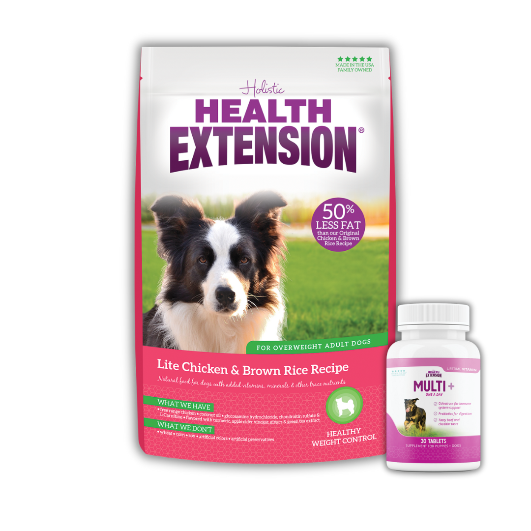 Bag of Health Extension Lite Chicken & Brown Rice Recipe dog food for weight control with '50% Less Fat' label, next to a bottle of Multi+ vitamins.
