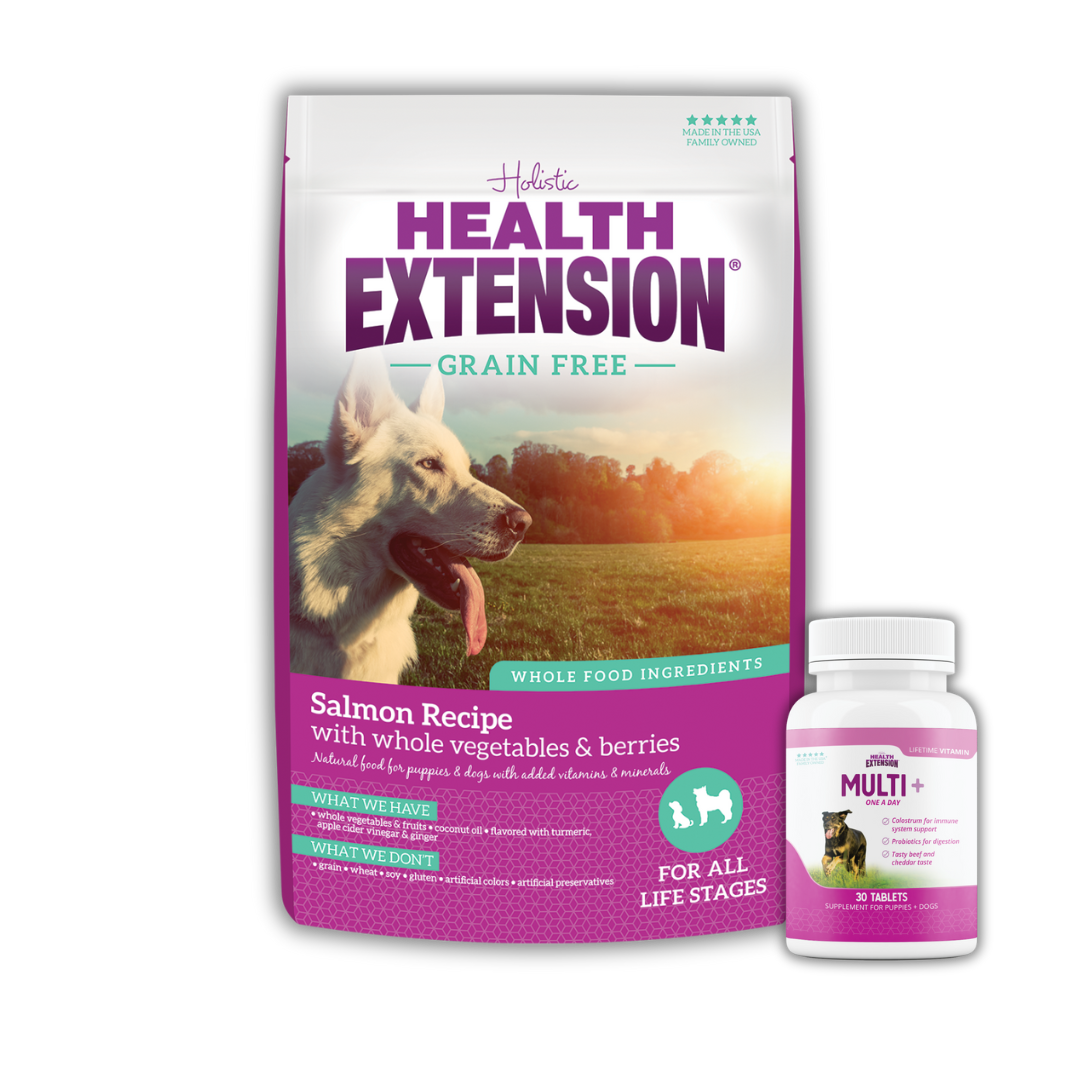 A bag of Health Extension Grain-Free Salmon Recipe dog food and a bottle of Multi+ dog vitamins, featuring a white dog on the packaging.