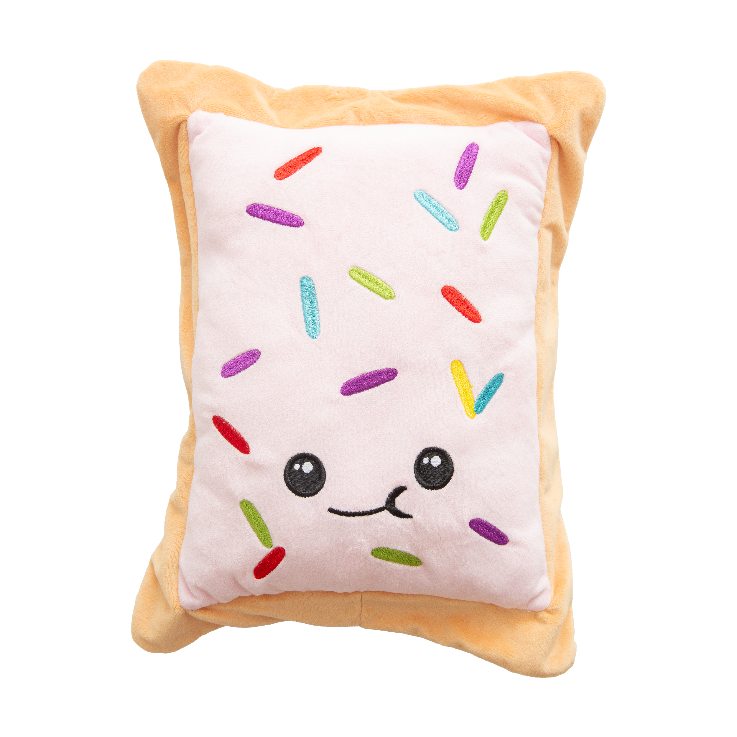 The Snugarooz Mega PT is a plush dog toy shaped like a rectangular pastry with tan edges, pink icing, colorful sprinkles, and a smiling face. Made from recycled water bottles, it's perfect for interactive play. Background is white.