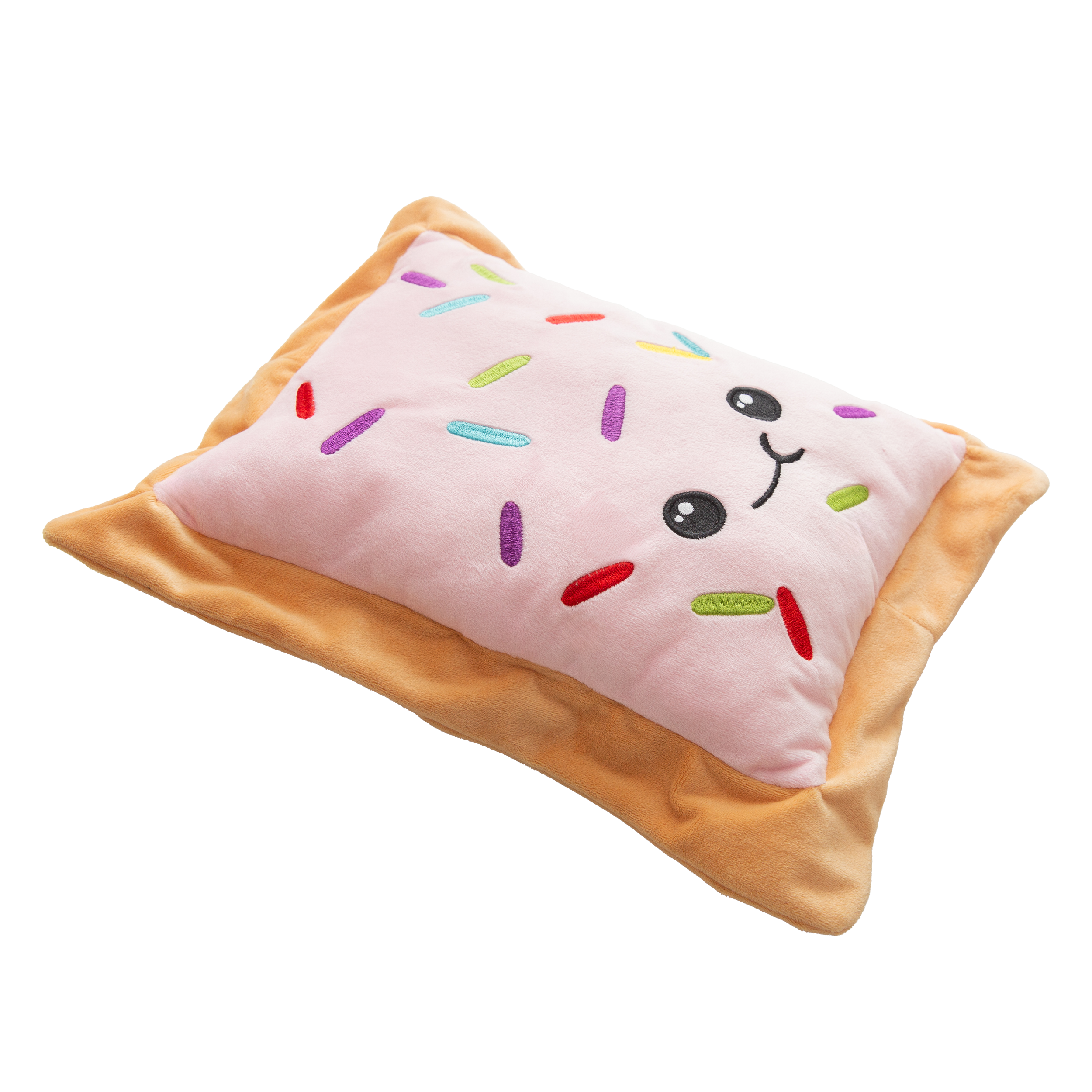 The Snugarooz Mega PT is a plush dog toy shaped like a rectangular pastry with tan edges, pink icing, colorful sprinkles, and a smiling face. Made from recycled water bottles, it's perfect for interactive play. Background is white.