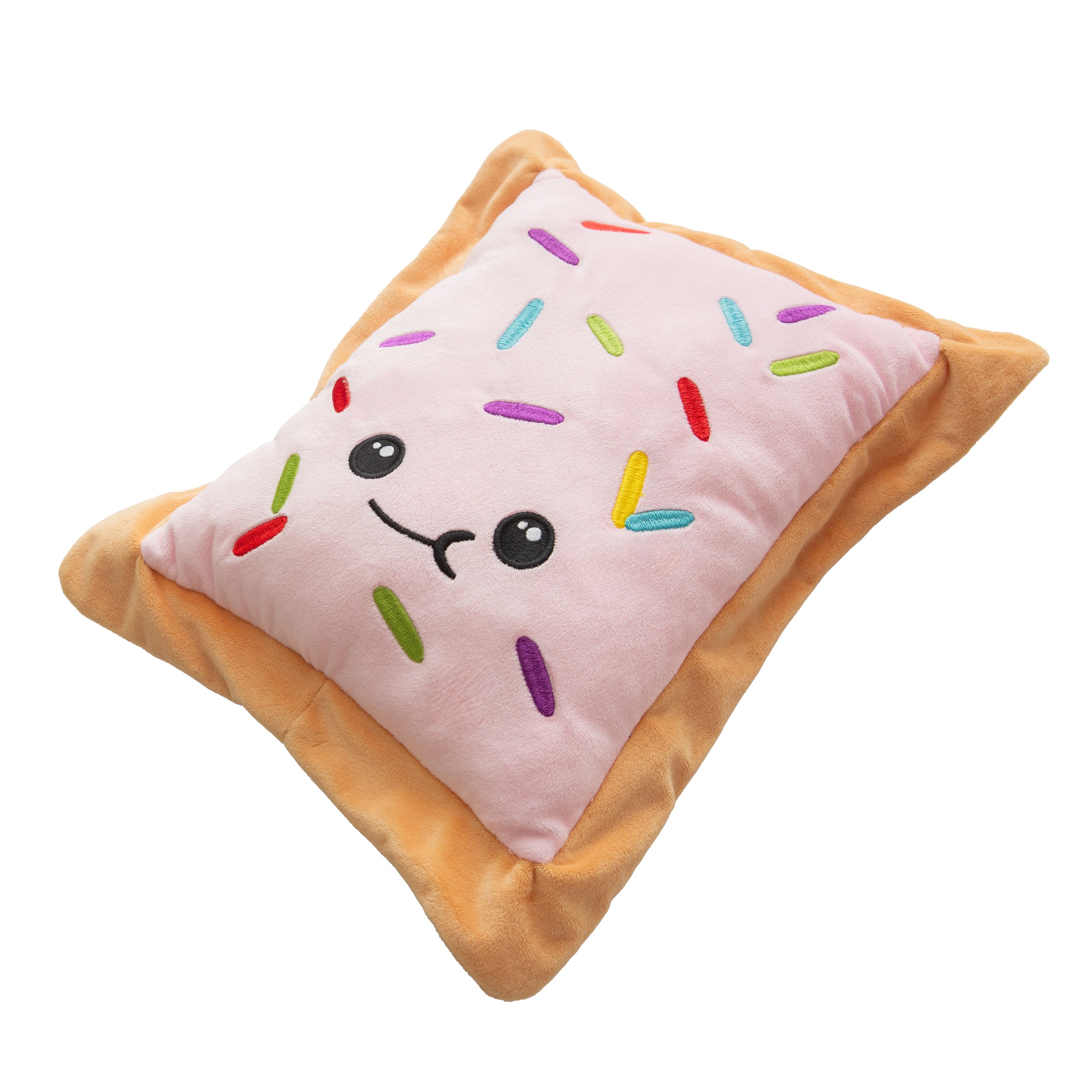 The Snugarooz Mega PT is a plush dog toy shaped like a rectangular pastry with tan edges, pink icing, colorful sprinkles, and a smiling face. Made from recycled water bottles, it's perfect for interactive play. Background is white.