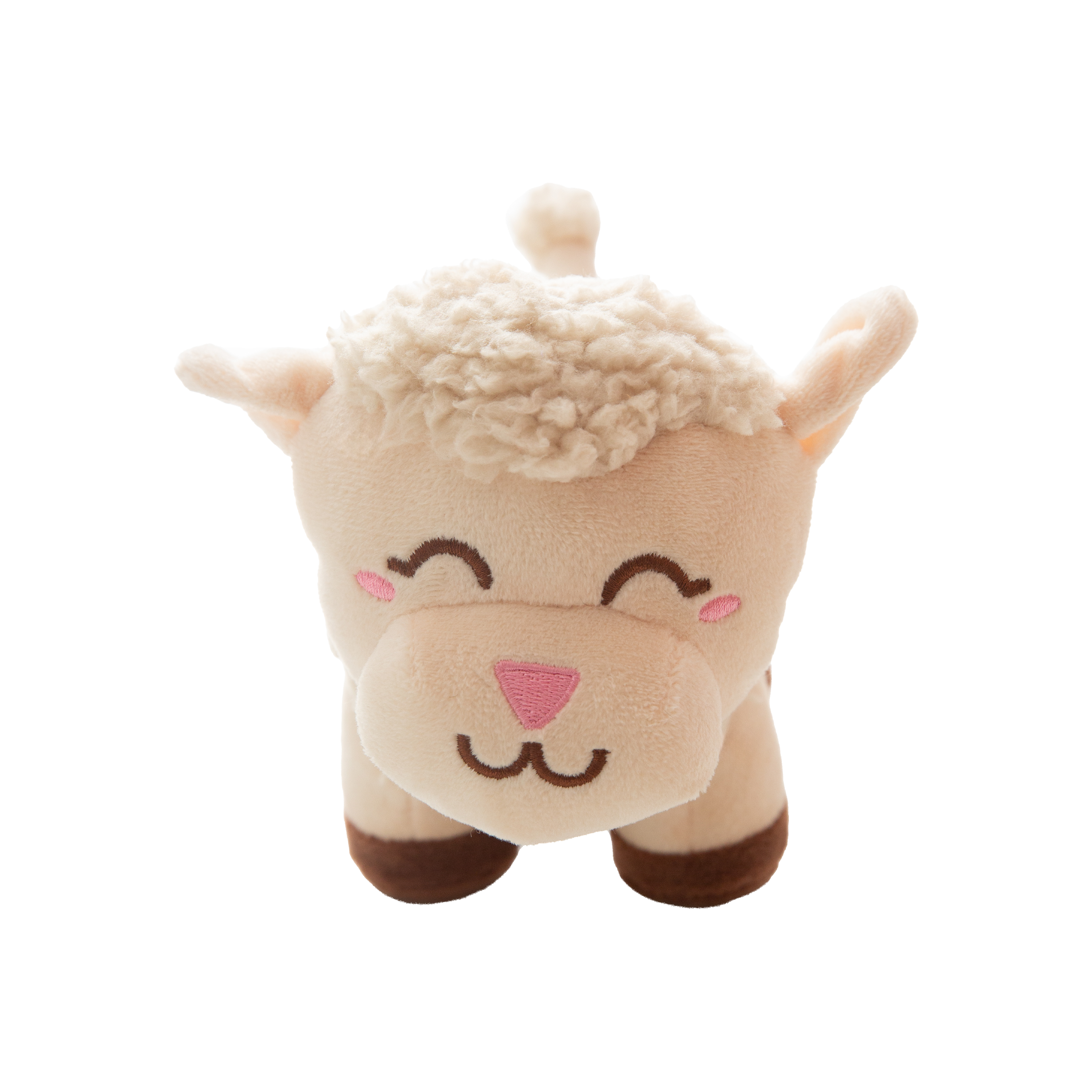 The Snugarooz Meryl Sheep is a plush lamb with a fluffy head, pink cheeks, closed embroidered eyes, and brown hooves, shown on a white background.