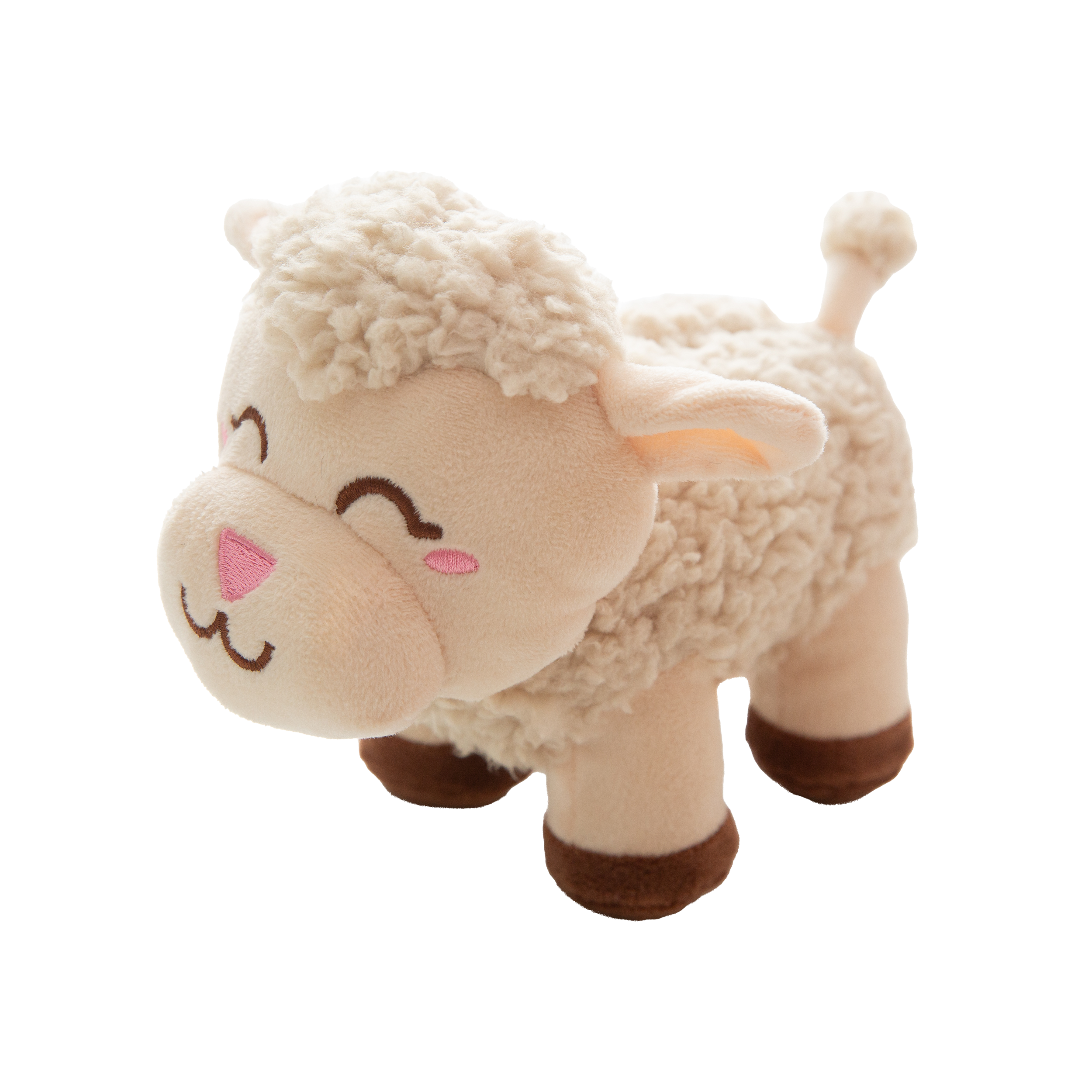 The Snugarooz Meryl Sheep is a plush lamb with a fluffy head, pink cheeks, closed embroidered eyes, and brown hooves, shown on a white background.