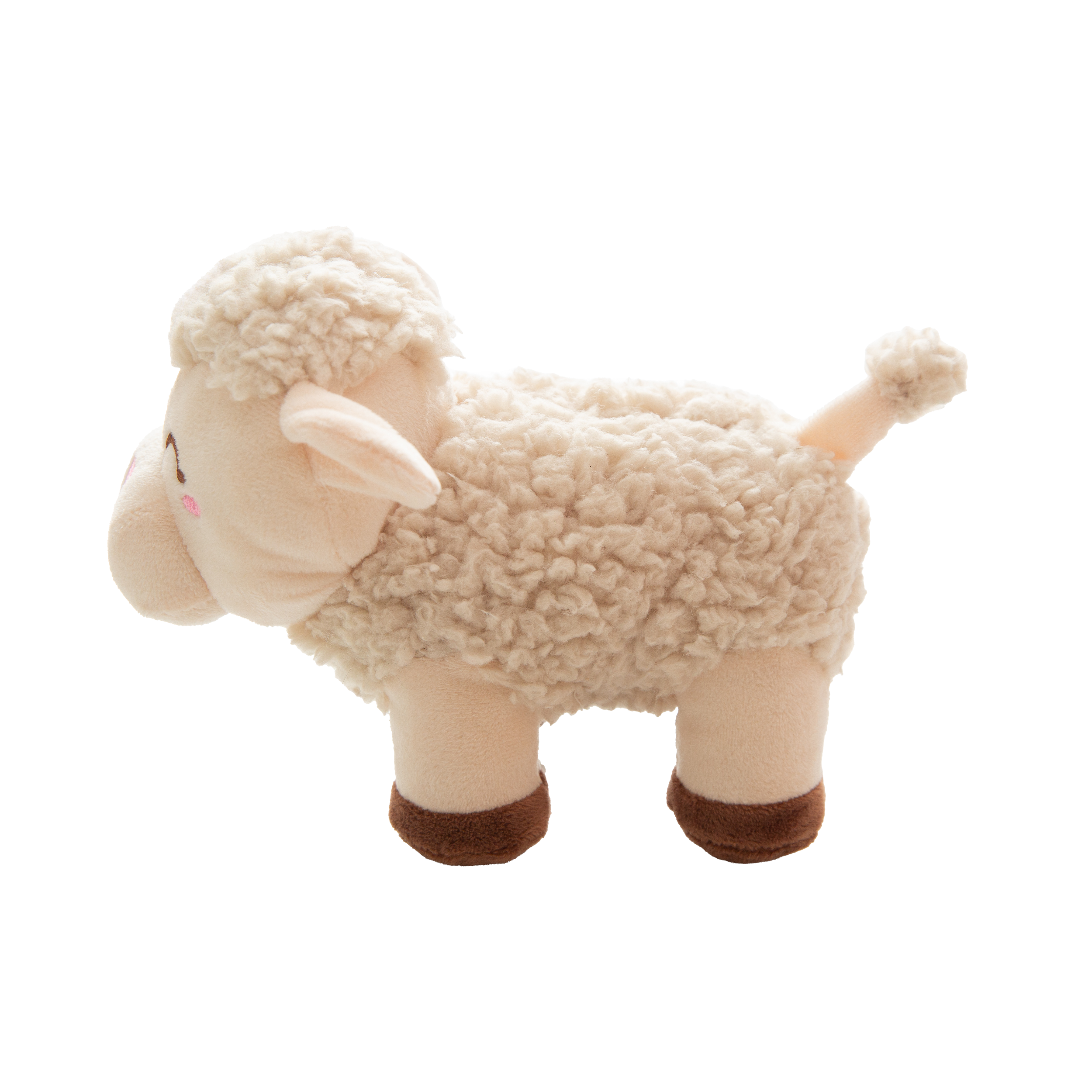 The Snugarooz Meryl Sheep is a plush lamb with a fluffy head, pink cheeks, closed embroidered eyes, and brown hooves, shown on a white background.