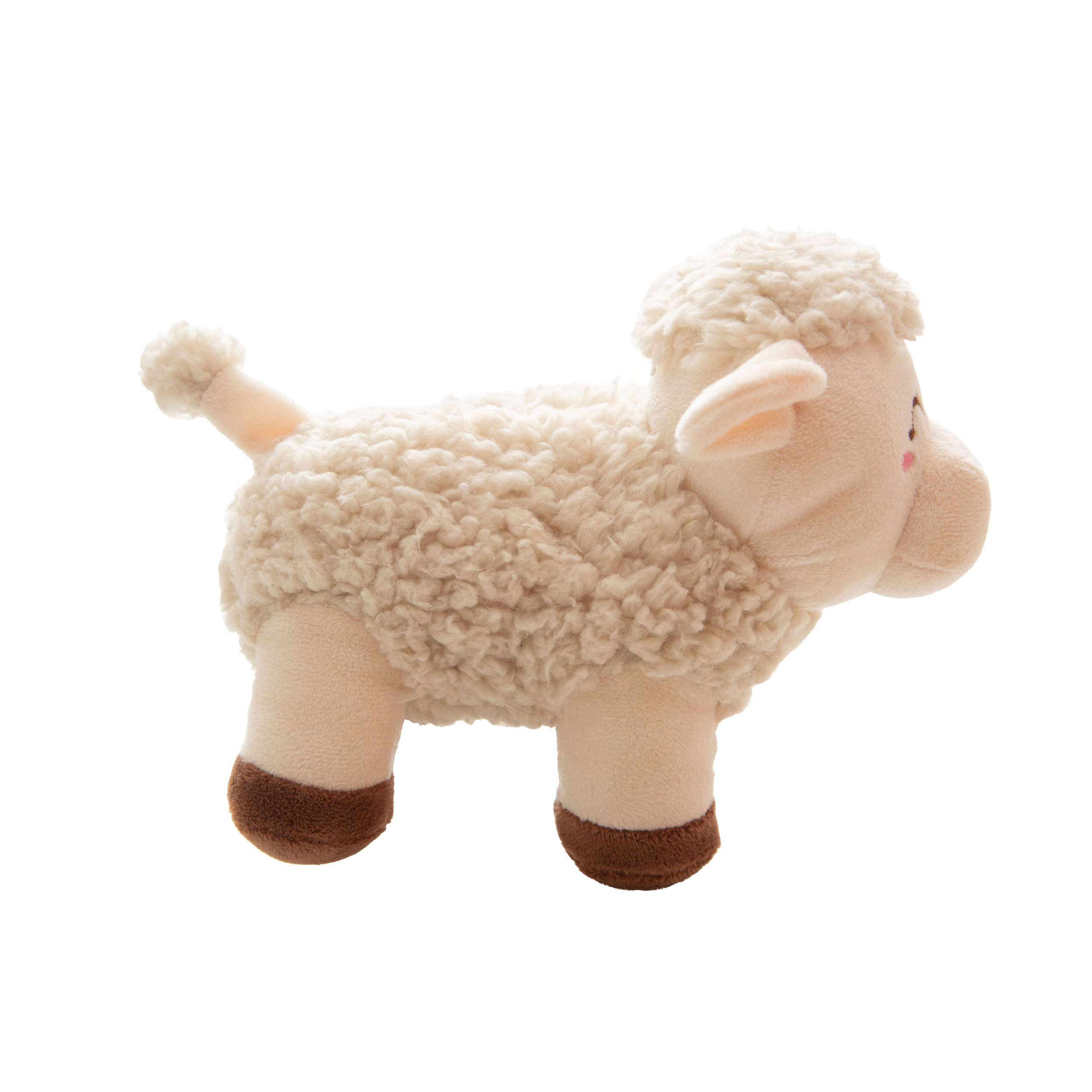The Snugarooz Meryl Sheep is a plush lamb with a fluffy head, pink cheeks, closed embroidered eyes, and brown hooves, shown on a white background.