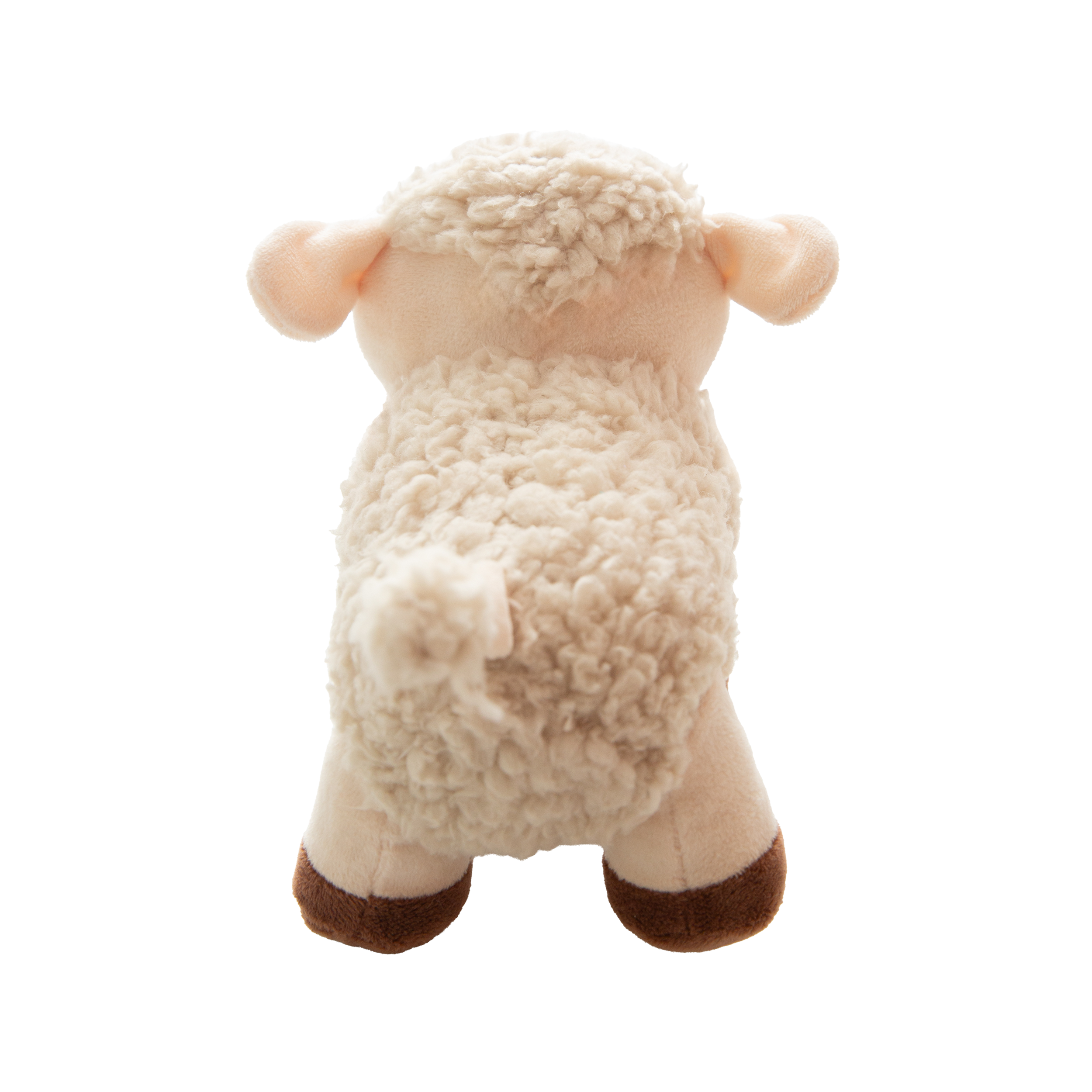 The Snugarooz Meryl Sheep is a plush lamb with a fluffy head, pink cheeks, closed embroidered eyes, and brown hooves, shown on a white background.