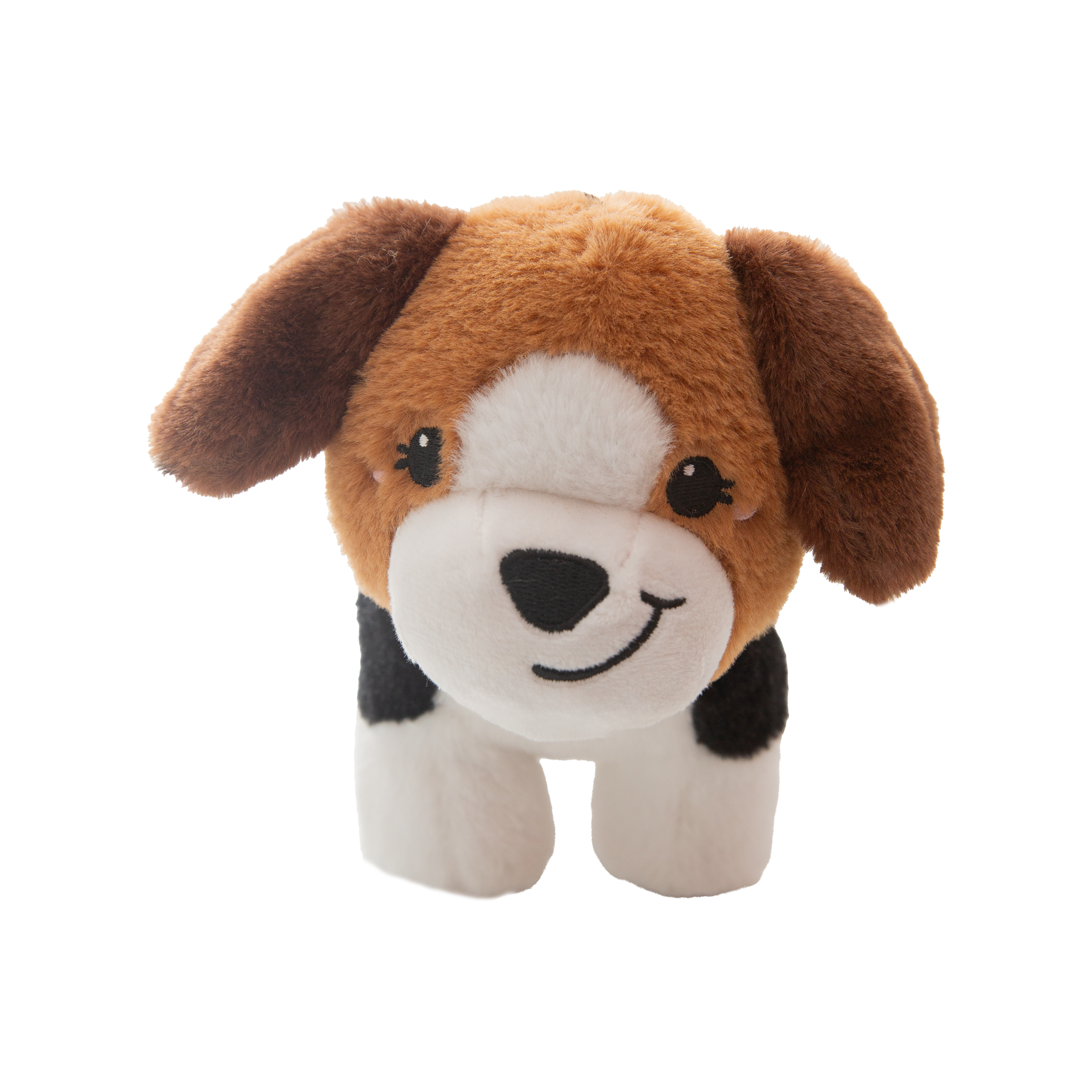 The Snugarooz Milo plush dog toy features brown ears, a white snout, black nose, and a big smile, standing on four legs against a white background.