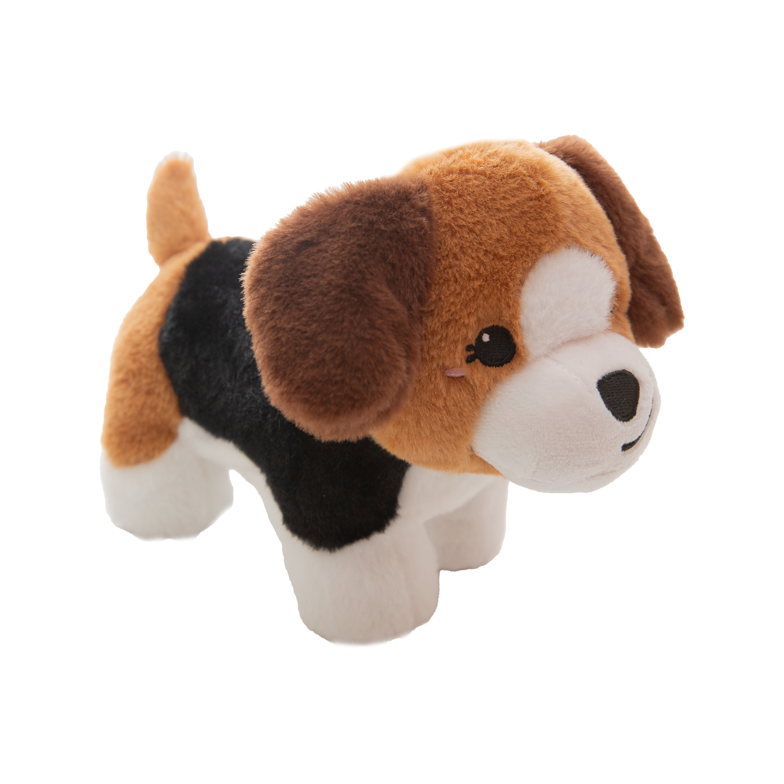 The Snugarooz Milo plush dog toy features brown ears, a white snout, black nose, and a big smile, standing on four legs against a white background.