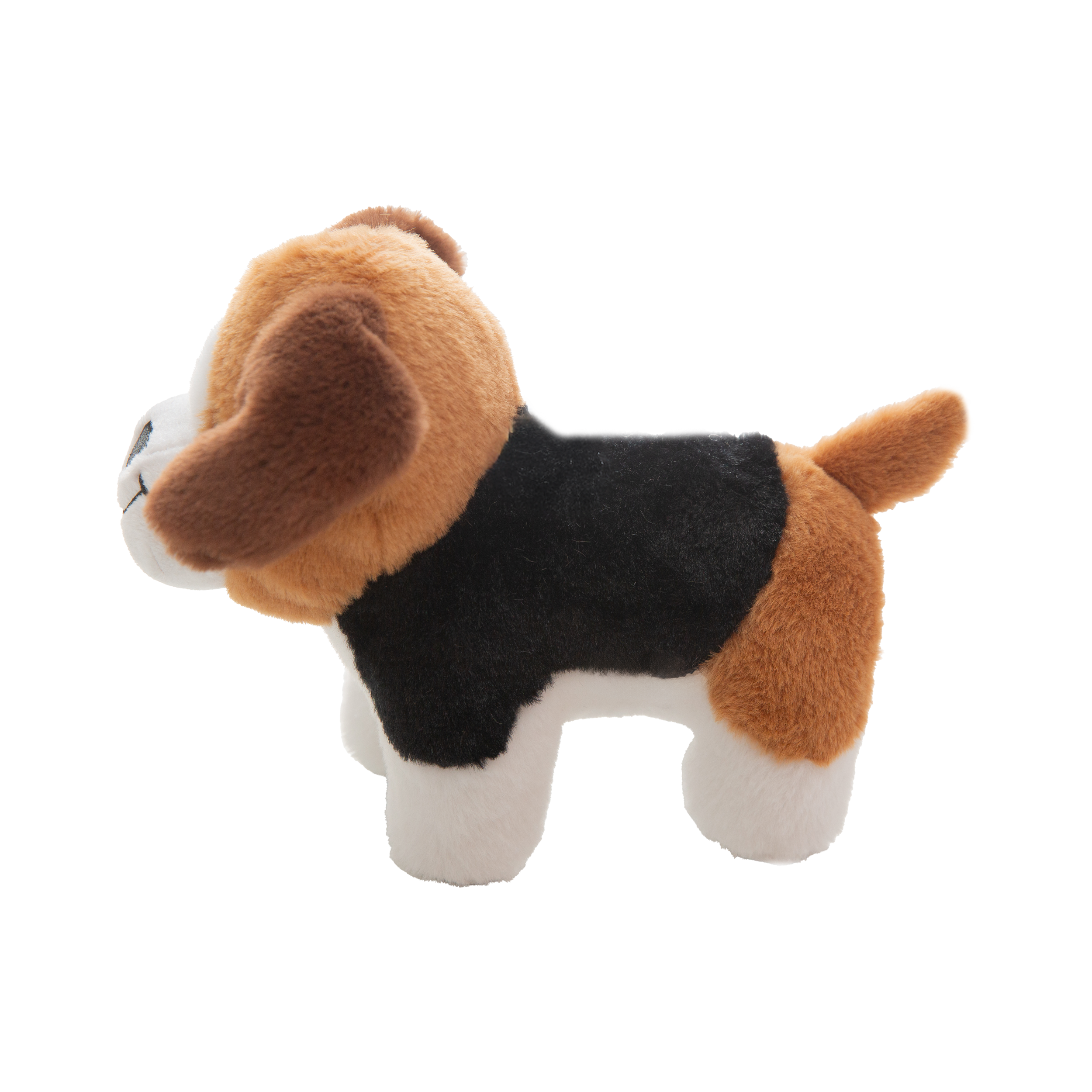 The Snugarooz Milo plush dog toy features brown ears, a white snout, black nose, and a big smile, standing on four legs against a white background.