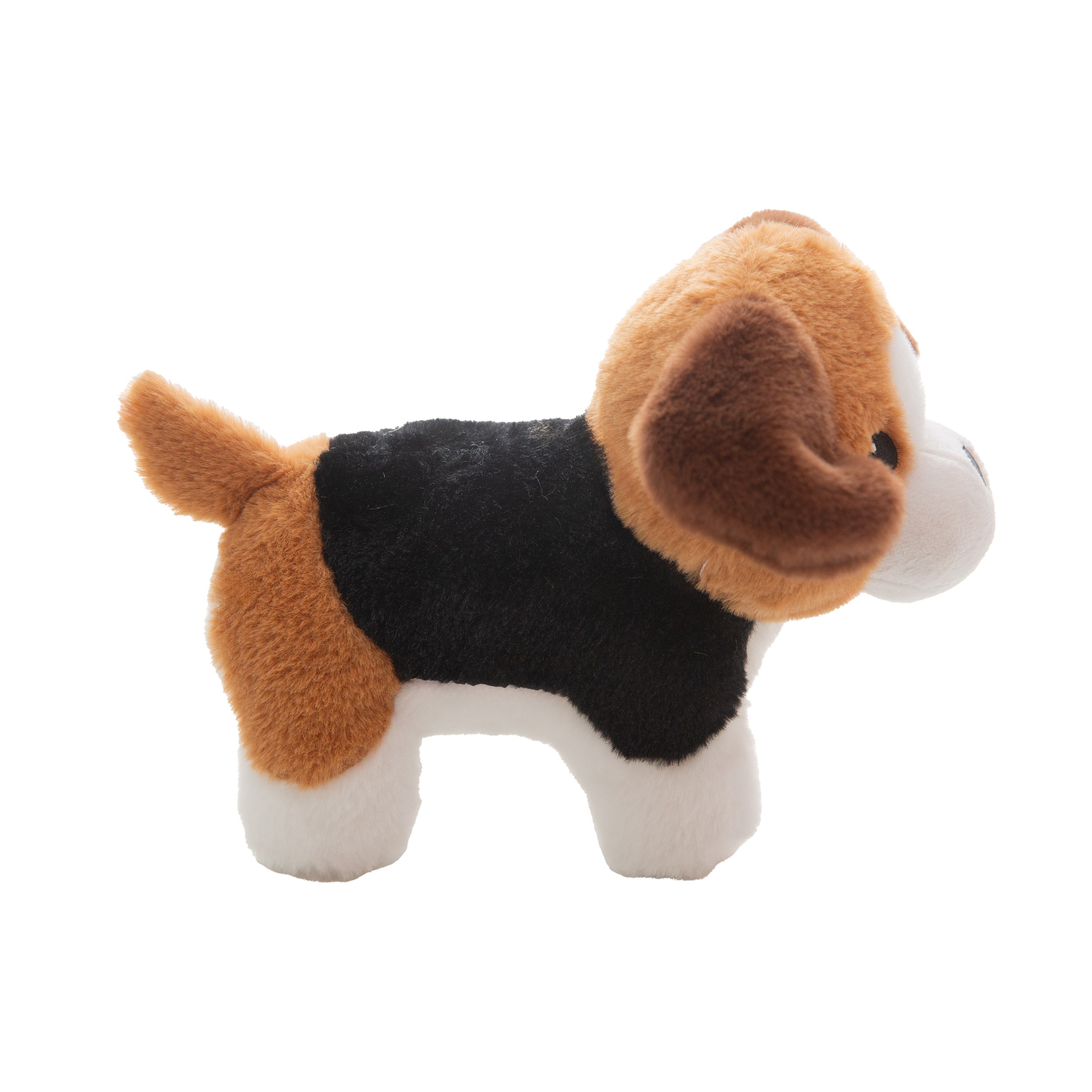 The Snugarooz Milo plush dog toy features brown ears, a white snout, black nose, and a big smile, standing on four legs against a white background.
