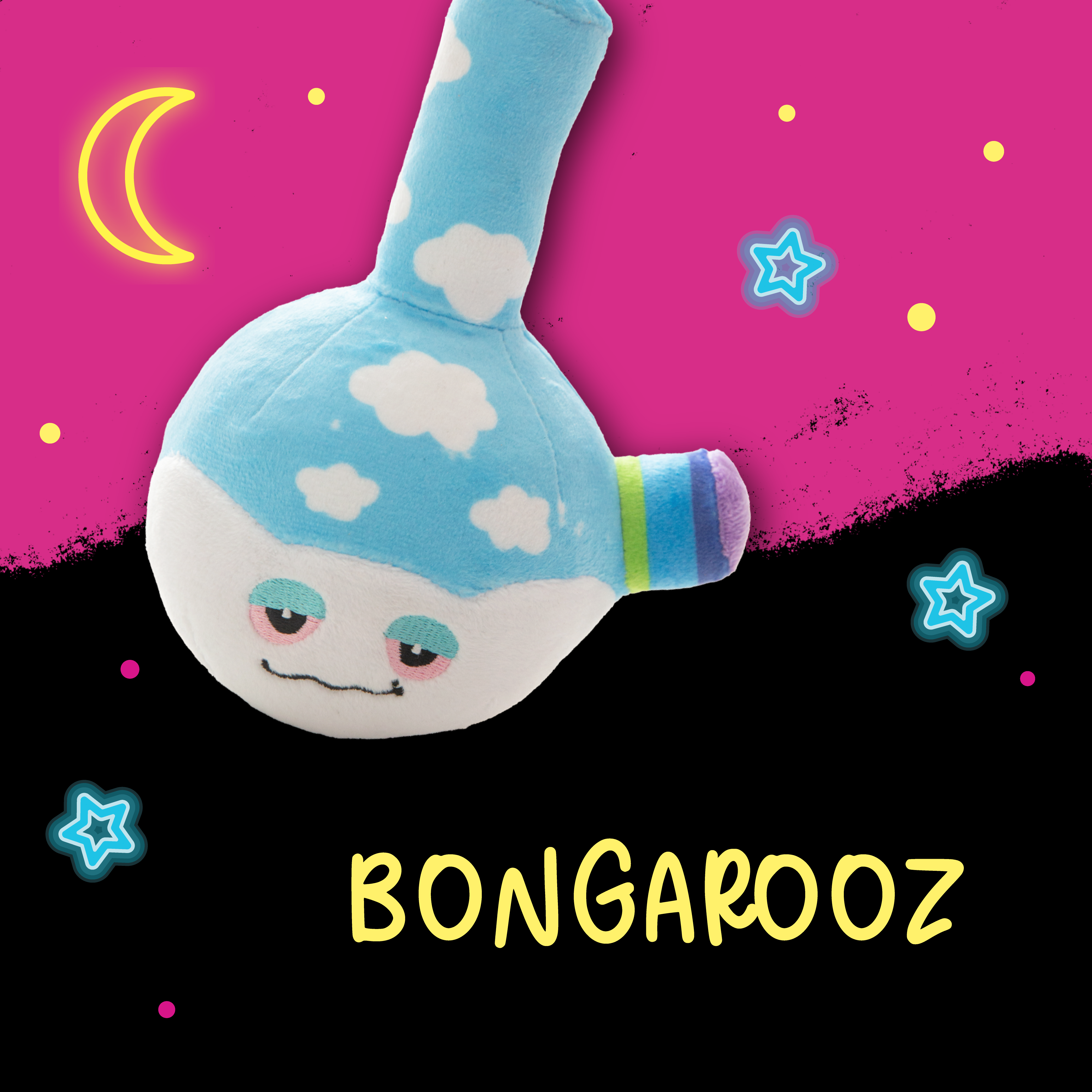 The Snugarooz Bong-Arooz is a cute, eco-friendly dog toy shaped like a blue mushroom with white clouds, a tall stem, a small rainbow side stem, and a cap featuring droopy eyes and a slight frown—perfect for your pet.