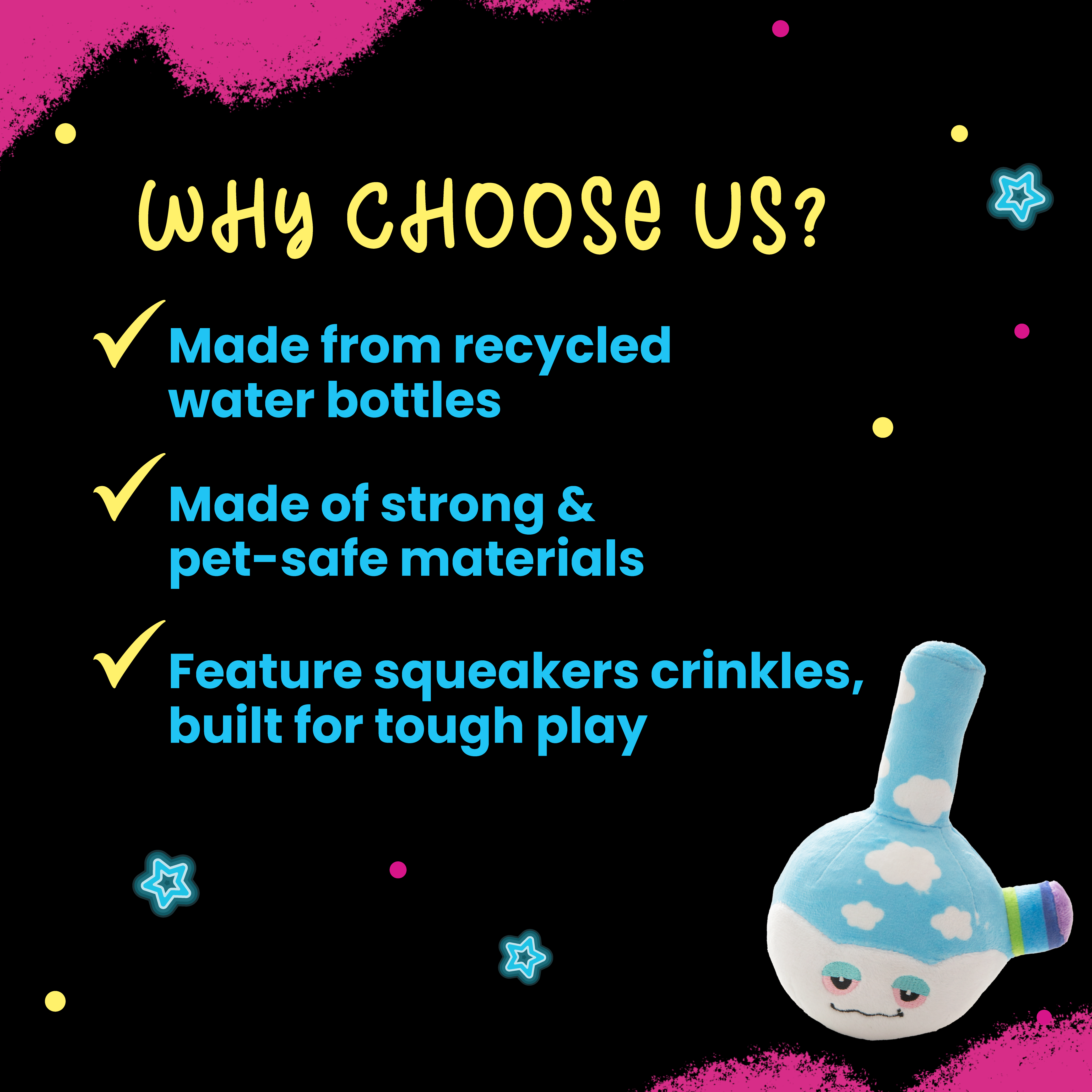 The Snugarooz Bong-Arooz is a cute, eco-friendly dog toy shaped like a blue mushroom with white clouds, a tall stem, a small rainbow side stem, and a cap featuring droopy eyes and a slight frown—perfect for your pet.