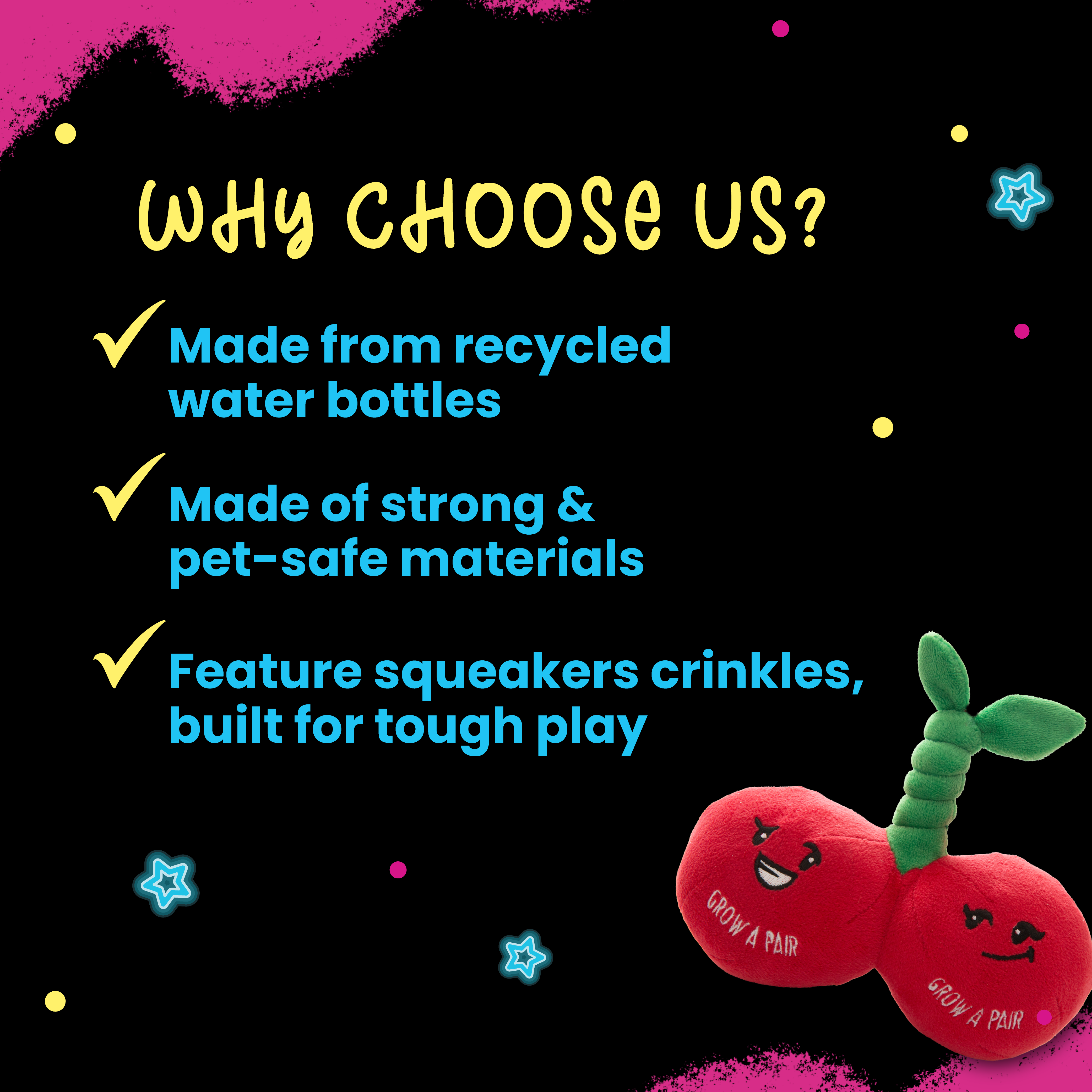 The Snugarooz Grow a Pair dog toy features two red plush cherries with smiling faces, connected by a green stem and embroidered with “GROW A PAIR.” Made from recycled materials for eco-friendly fun.