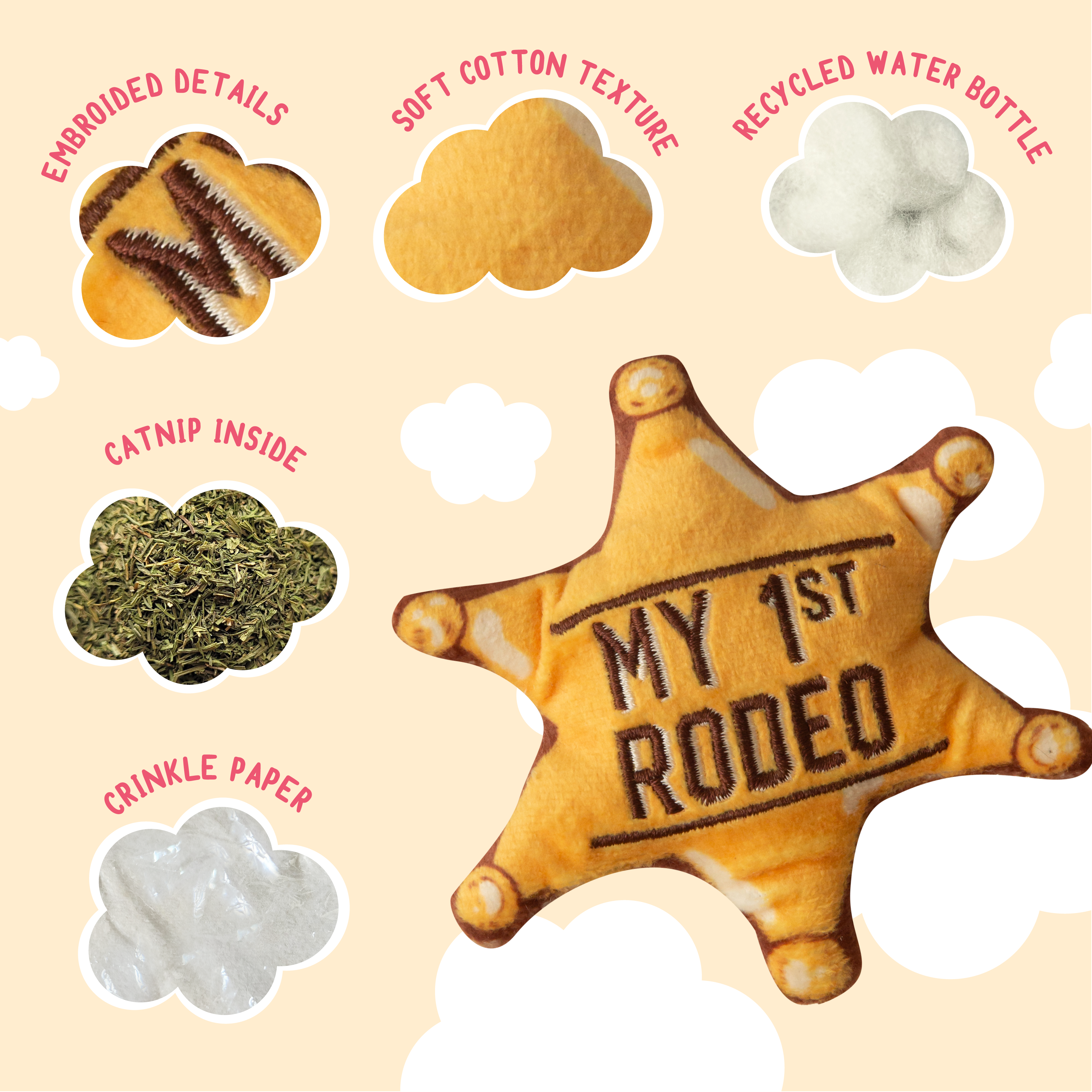 The Snugarooz Kitty 1st Rodeo with Catnip is a plush gold star sheriff badge cat toy with "MY 1ST RODEO" embroidered on the front, shown against a plain white background.
