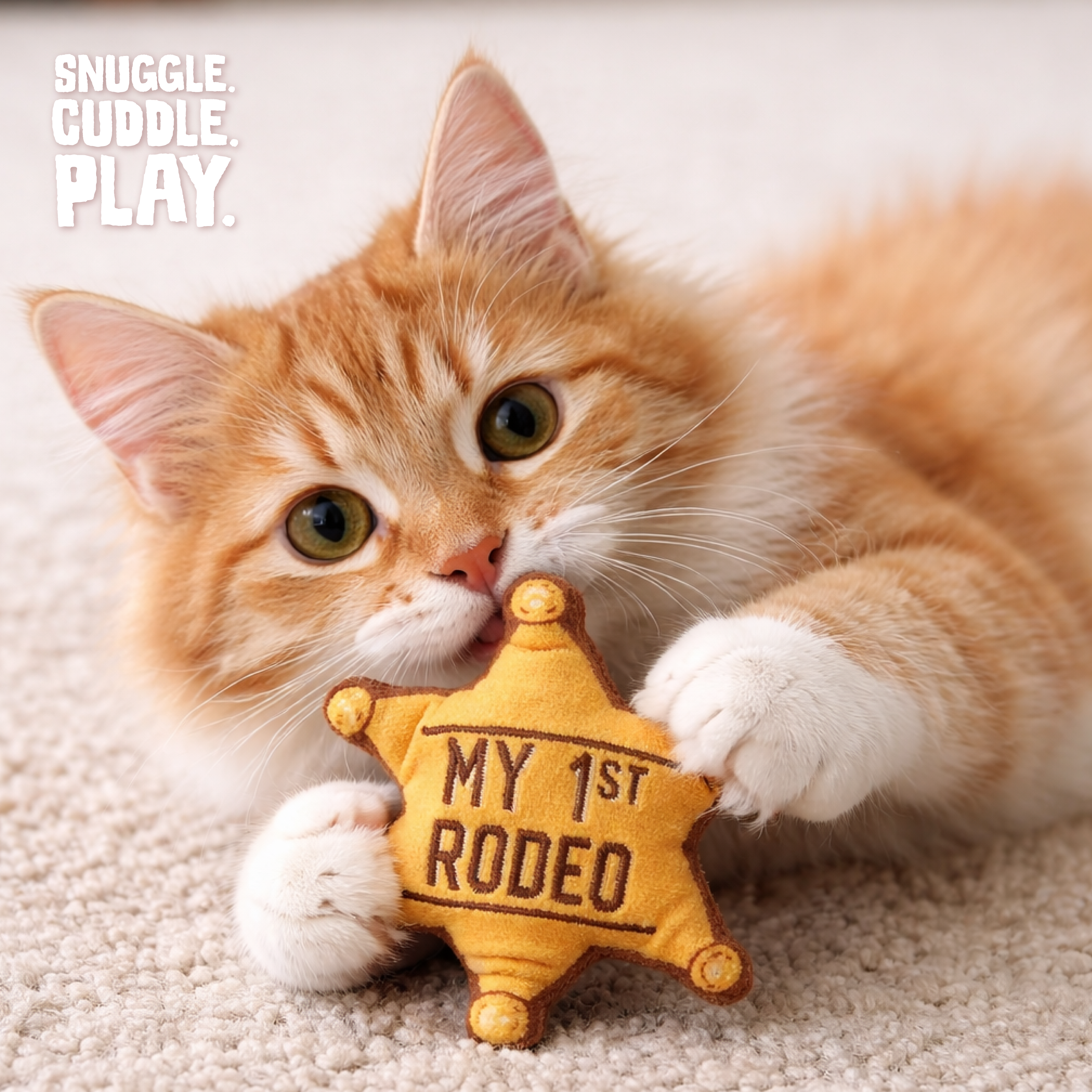 The Snugarooz Kitty 1st Rodeo with Catnip is a plush gold star sheriff badge cat toy with "MY 1ST RODEO" embroidered on the front, shown against a plain white background.