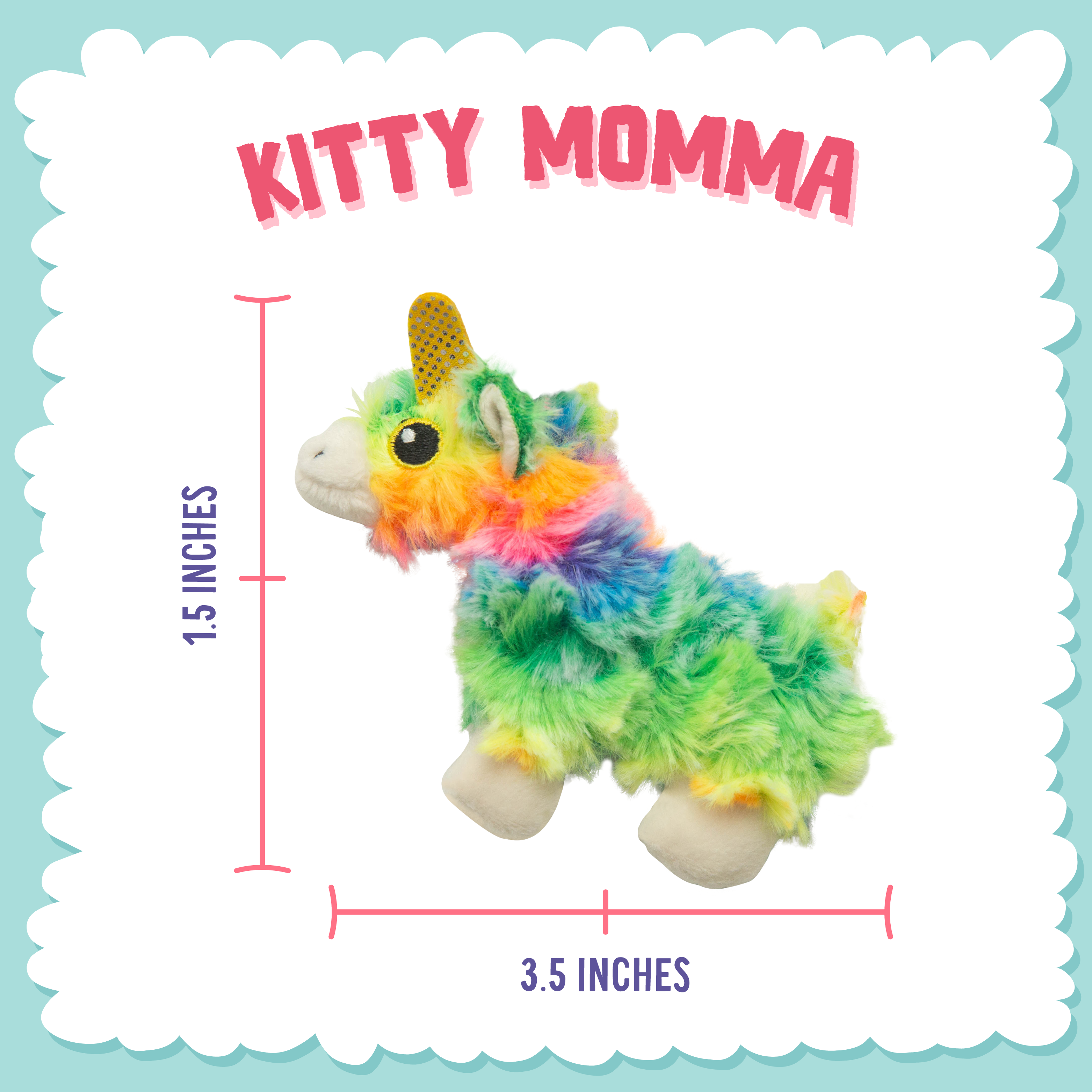 The Snugarooz Kitty Momma with Catnip is a plush cat toy shaped like a unicorn, featuring a yellow horn, fluffy multi-colored fur, white feet, and is perfect for playful kitties.