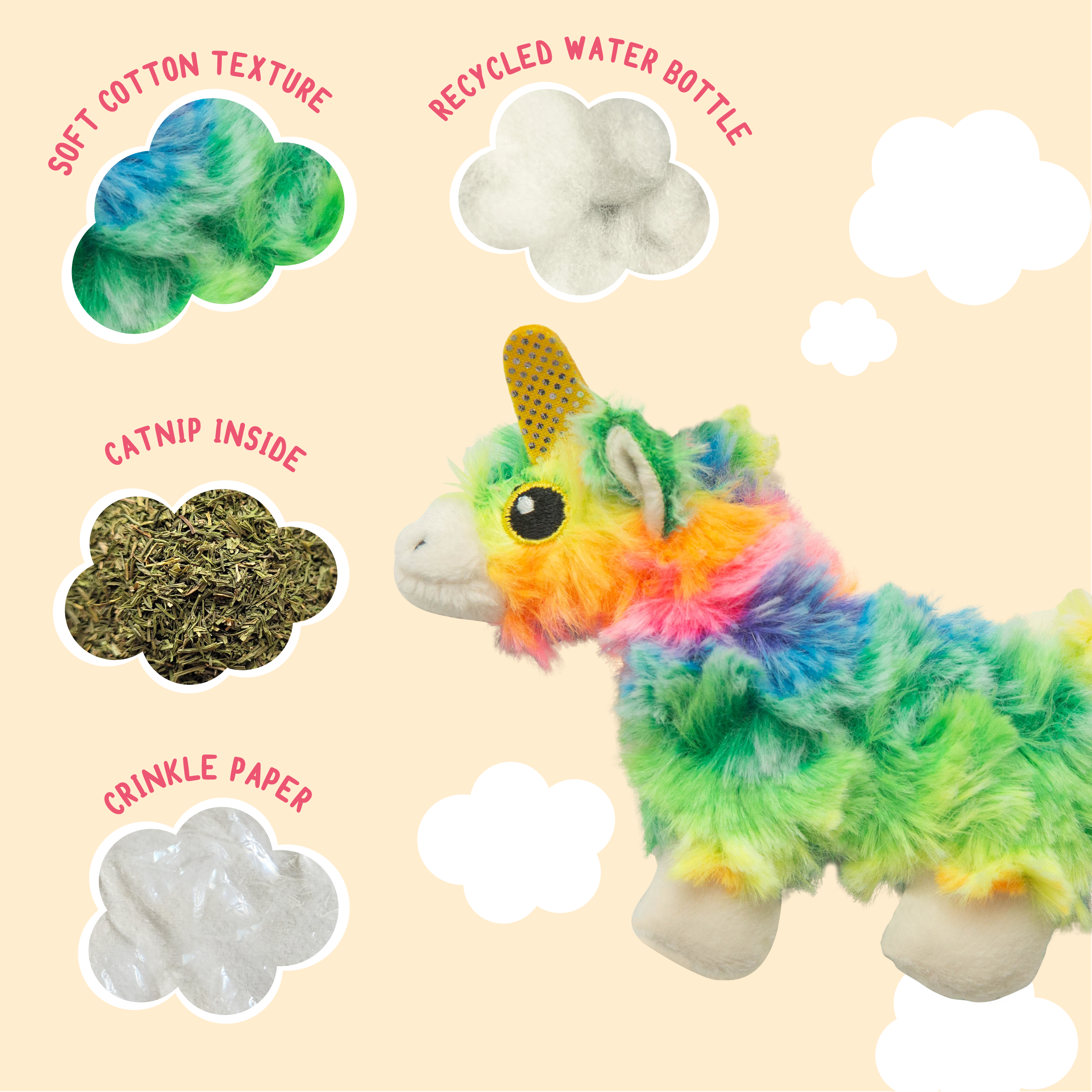 The Snugarooz Kitty Momma with Catnip is a plush cat toy shaped like a unicorn, featuring a yellow horn, fluffy multi-colored fur, white feet, and is perfect for playful kitties.