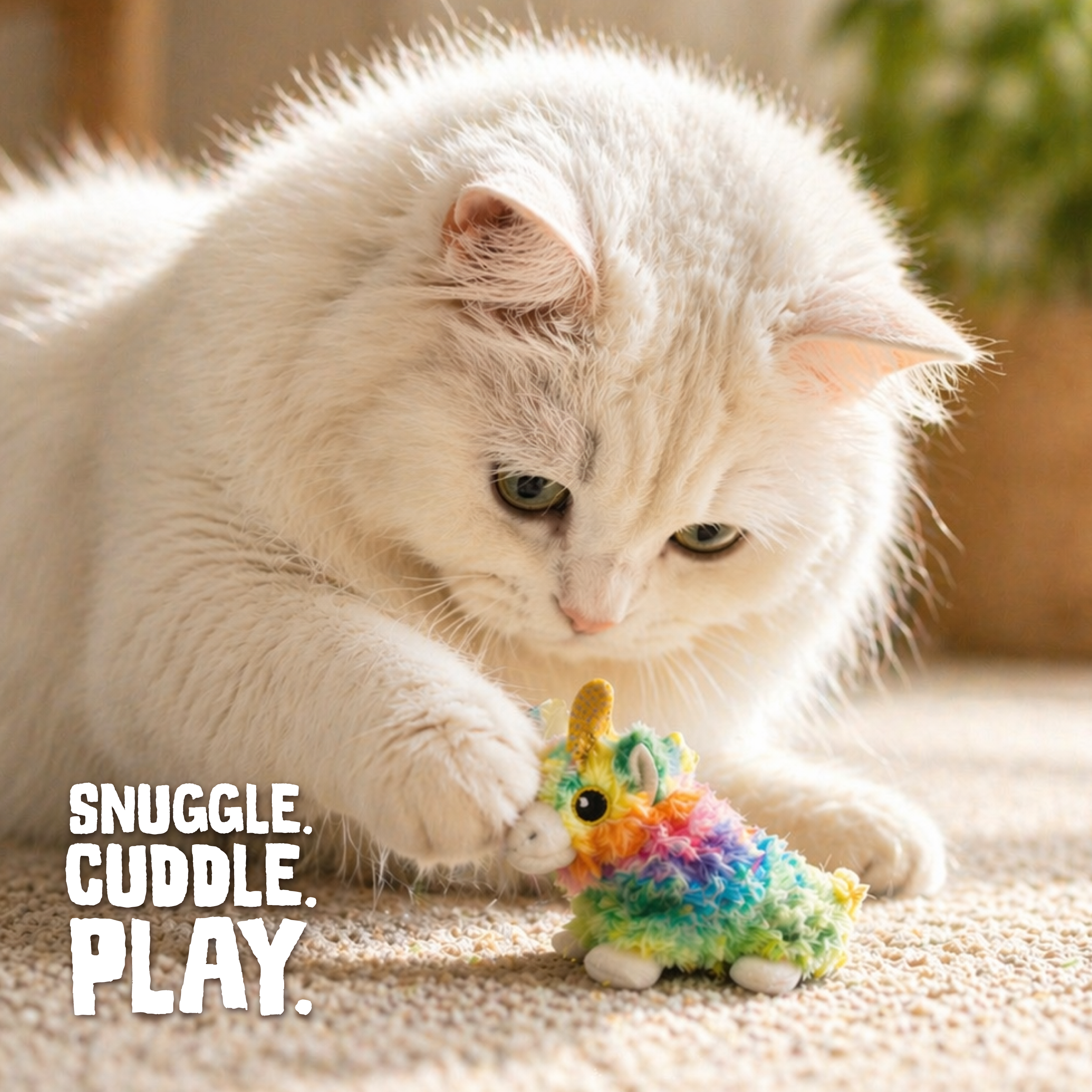 The Snugarooz Kitty Momma with Catnip is a plush cat toy shaped like a unicorn, featuring a yellow horn, fluffy multi-colored fur, white feet, and is perfect for playful kitties.