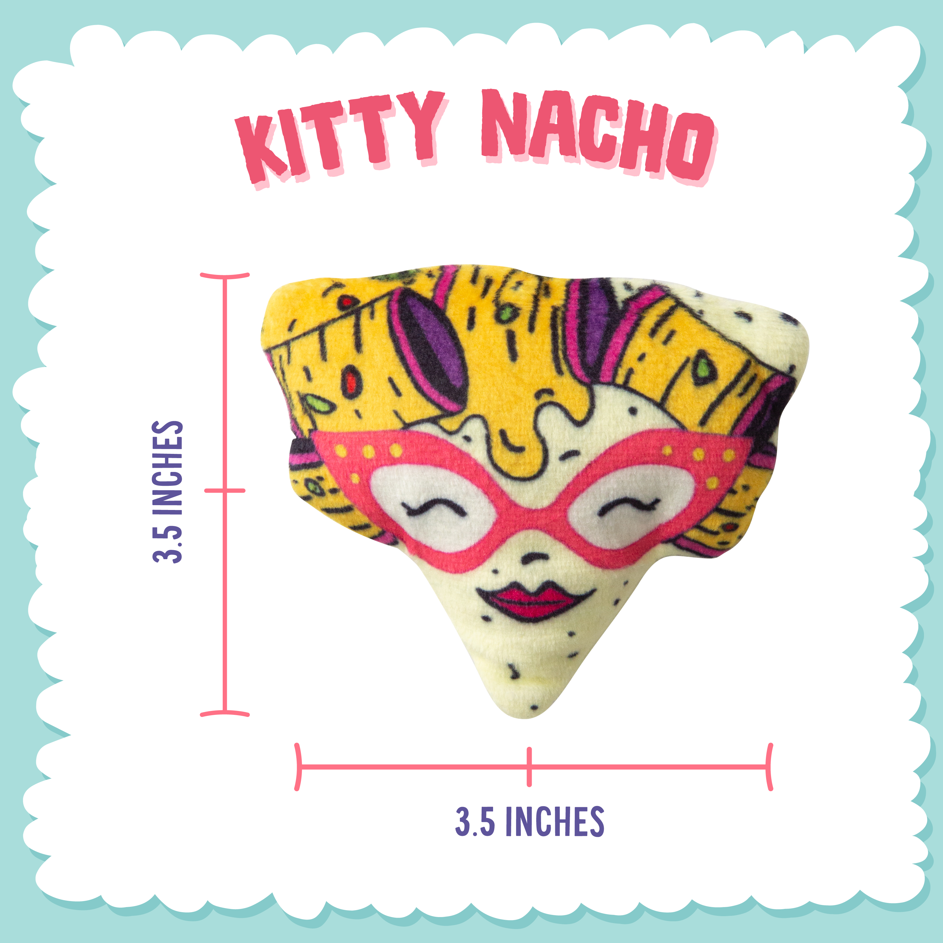The Snugarooz Nacho Kitty with Catnip is a durable cat toy shaped like a pizza slice, with a cartoon face featuring pink glasses, closed eyes, red lips, and yellow cheese hair with purple and brown toppings.