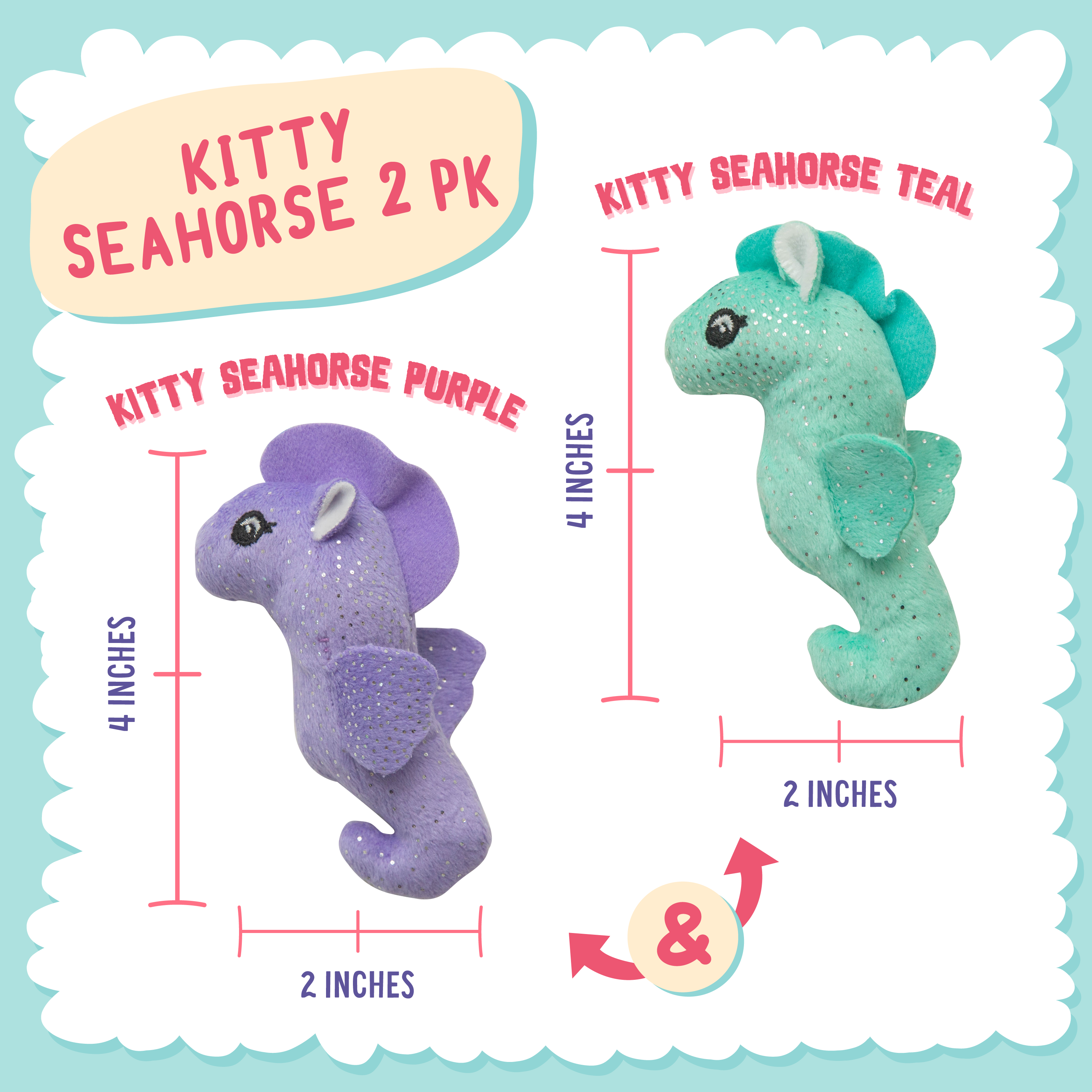 The Snugarooz Kitty Seahorse 2pk with Catnip features two plush seahorse cat toys—one purple with lavender accents and one turquoise with teal and white accents—both adorned with silver speckles, shown on a white background.