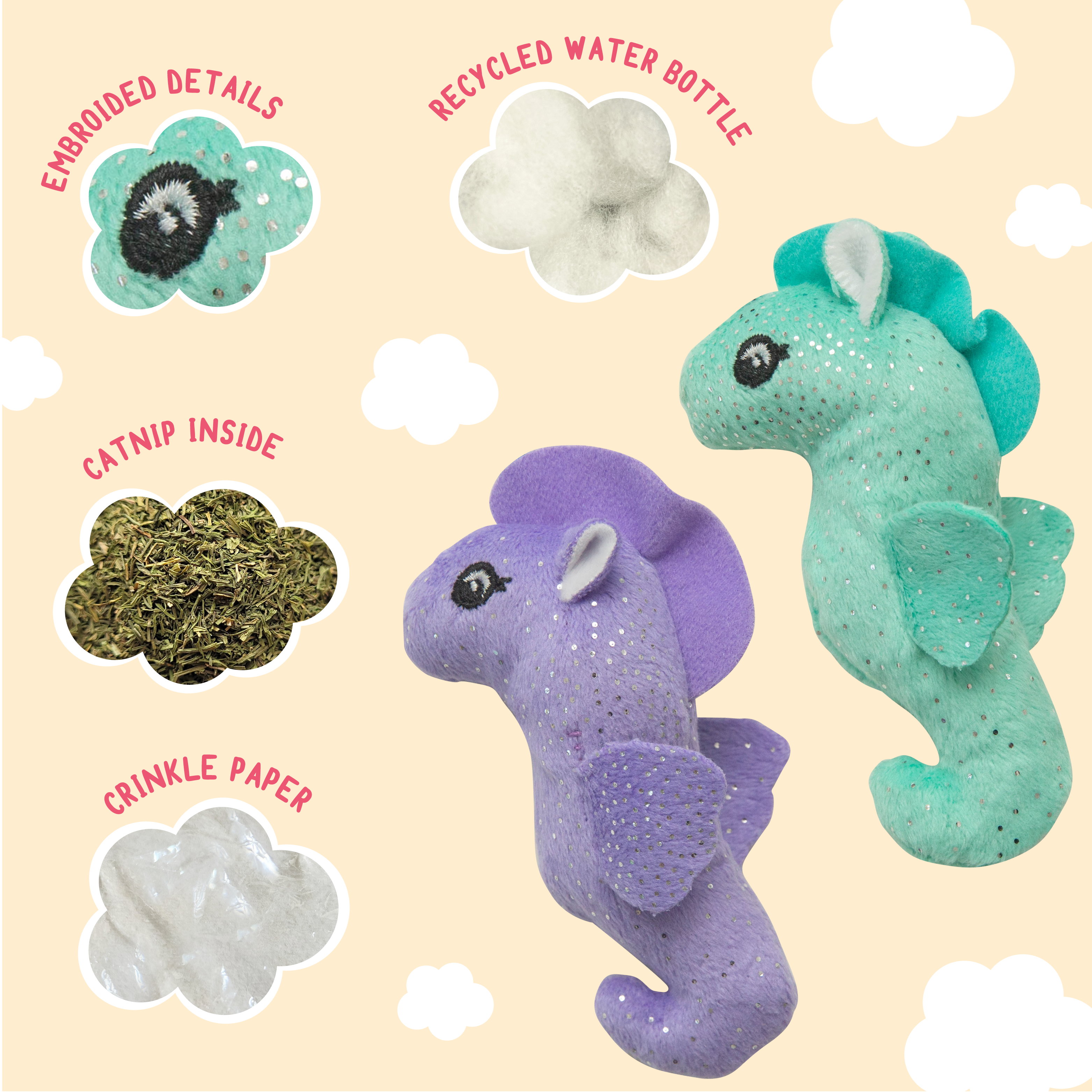 The Snugarooz Kitty Seahorse 2pk with Catnip features two plush seahorse cat toys—one purple with lavender accents and one turquoise with teal and white accents—both adorned with silver speckles, shown on a white background.