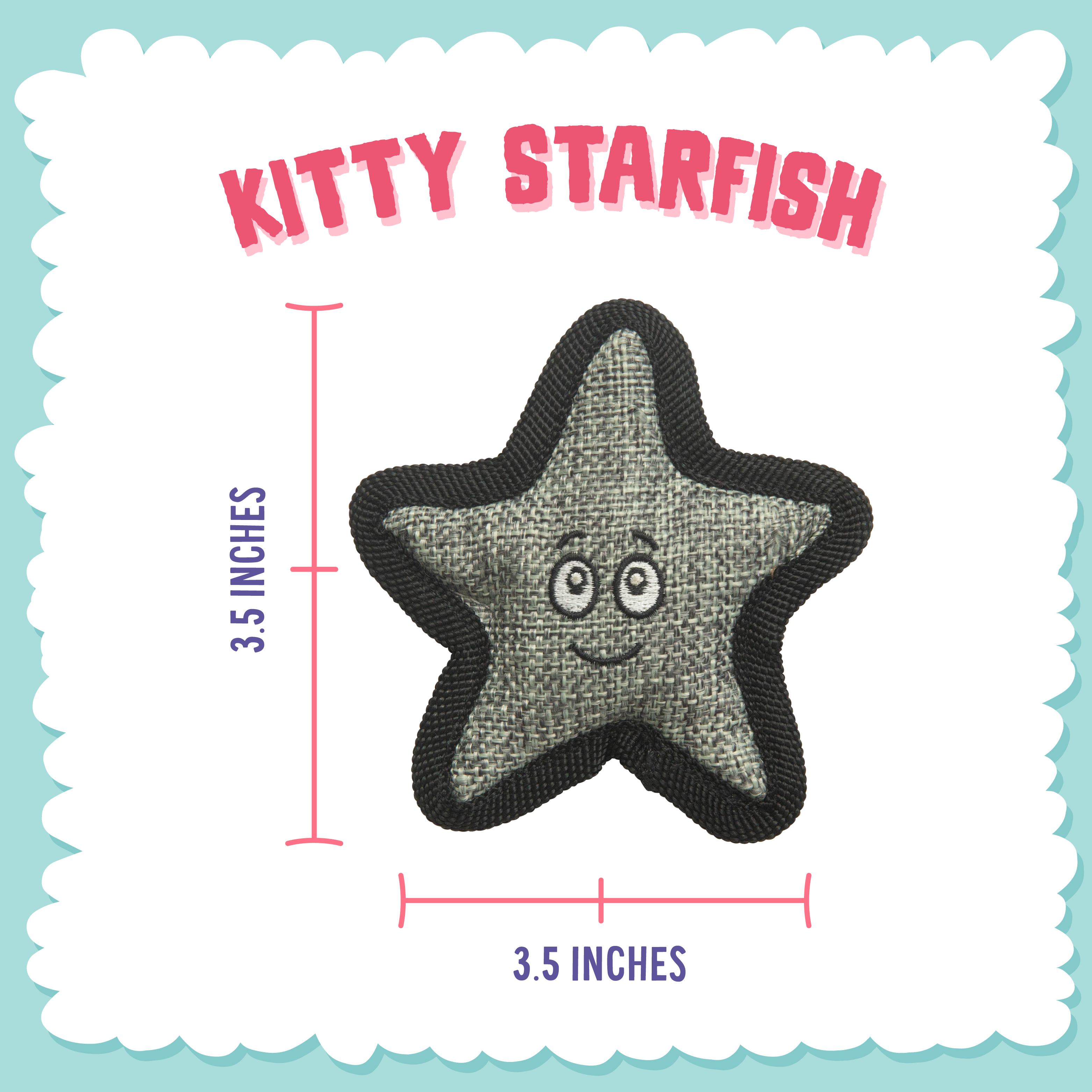 The Snugarooz Kitty Starfish with Catnip is a gray plush starfish cat toy featuring a black border, stitched smiley face, and cartoon eyes, shown on a white background.