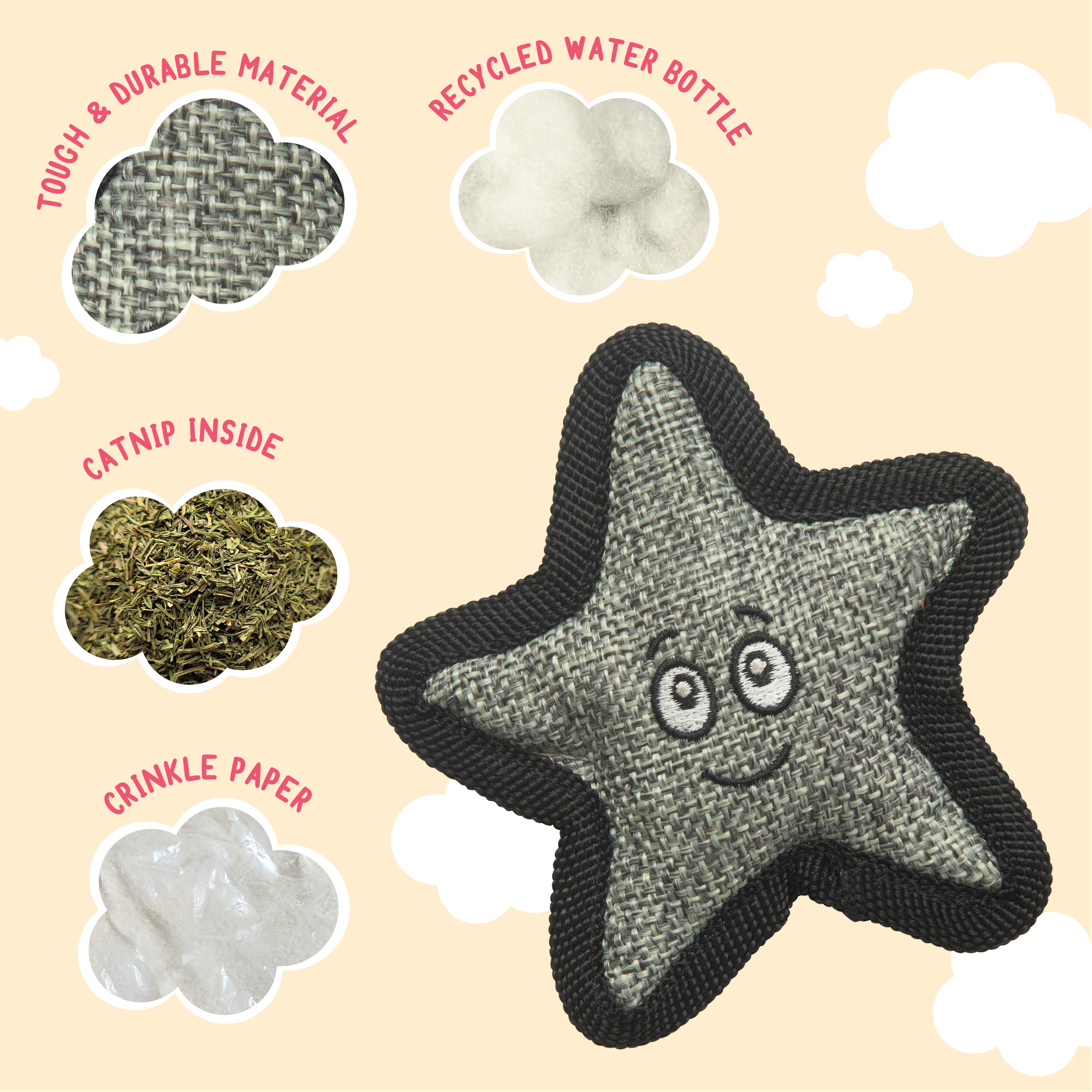 The Snugarooz Kitty Starfish with Catnip is a gray plush starfish cat toy featuring a black border, stitched smiley face, and cartoon eyes, shown on a white background.
