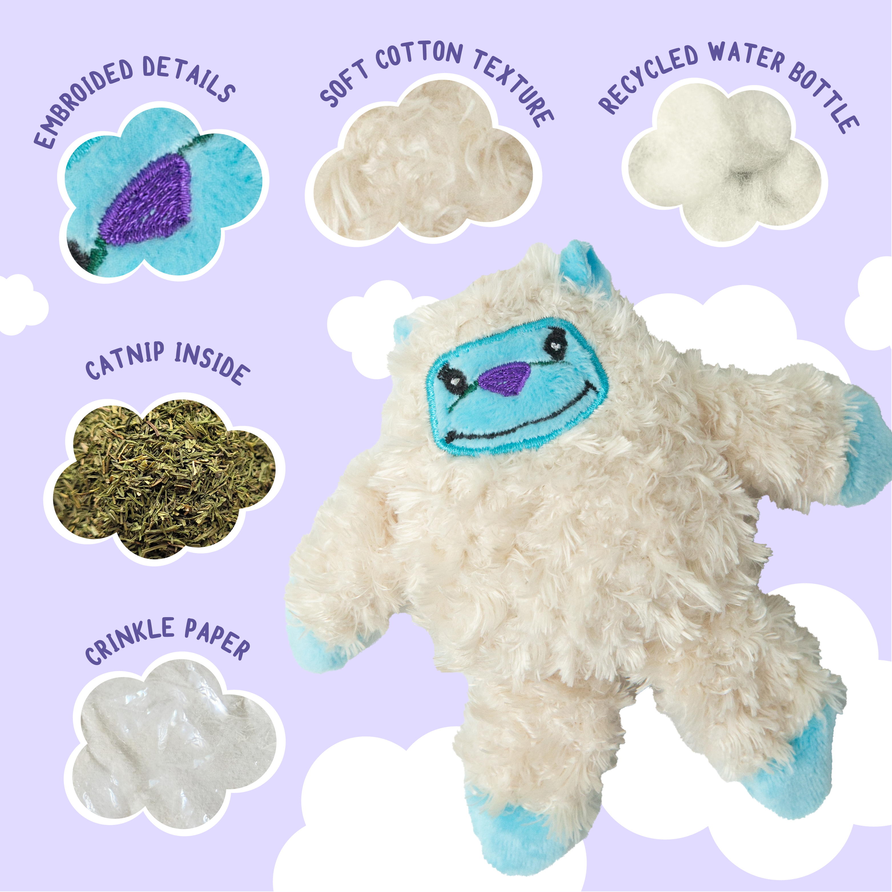 The Snugarooz Kitty Yeti with Catnip is a plush cat toy featuring fluffy cream fur, blue accents, and a stitched smiling face—perfect for playful cats who enjoy a cute, catnip-filled toy.