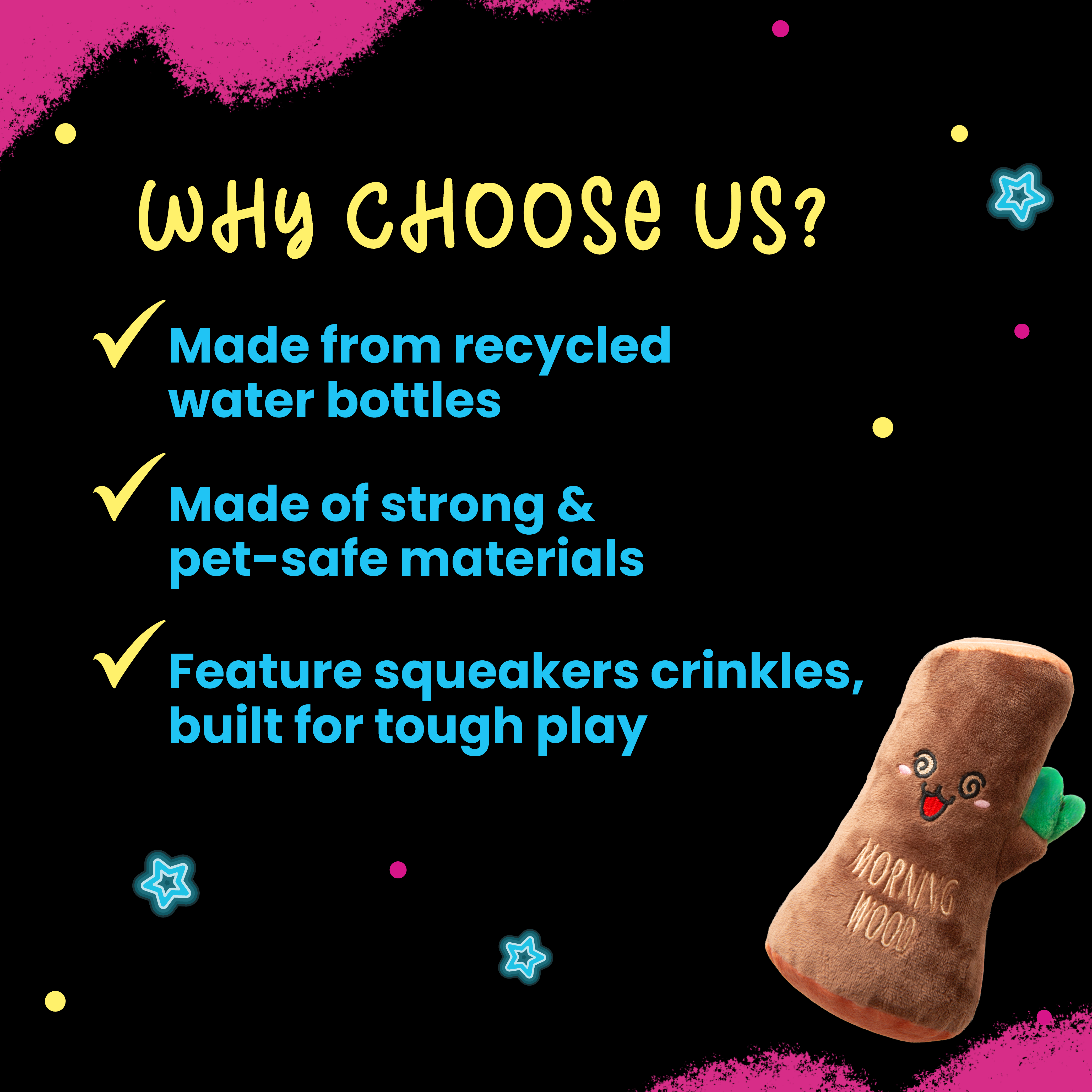 Snugarooz Morning Wood is a quirky, squeaky dog toy shaped like a brown tree log with a happy face, blushing cheeks, a green leaf, and "MORNING WOOD" stitched on the front—perfect for playful pups.