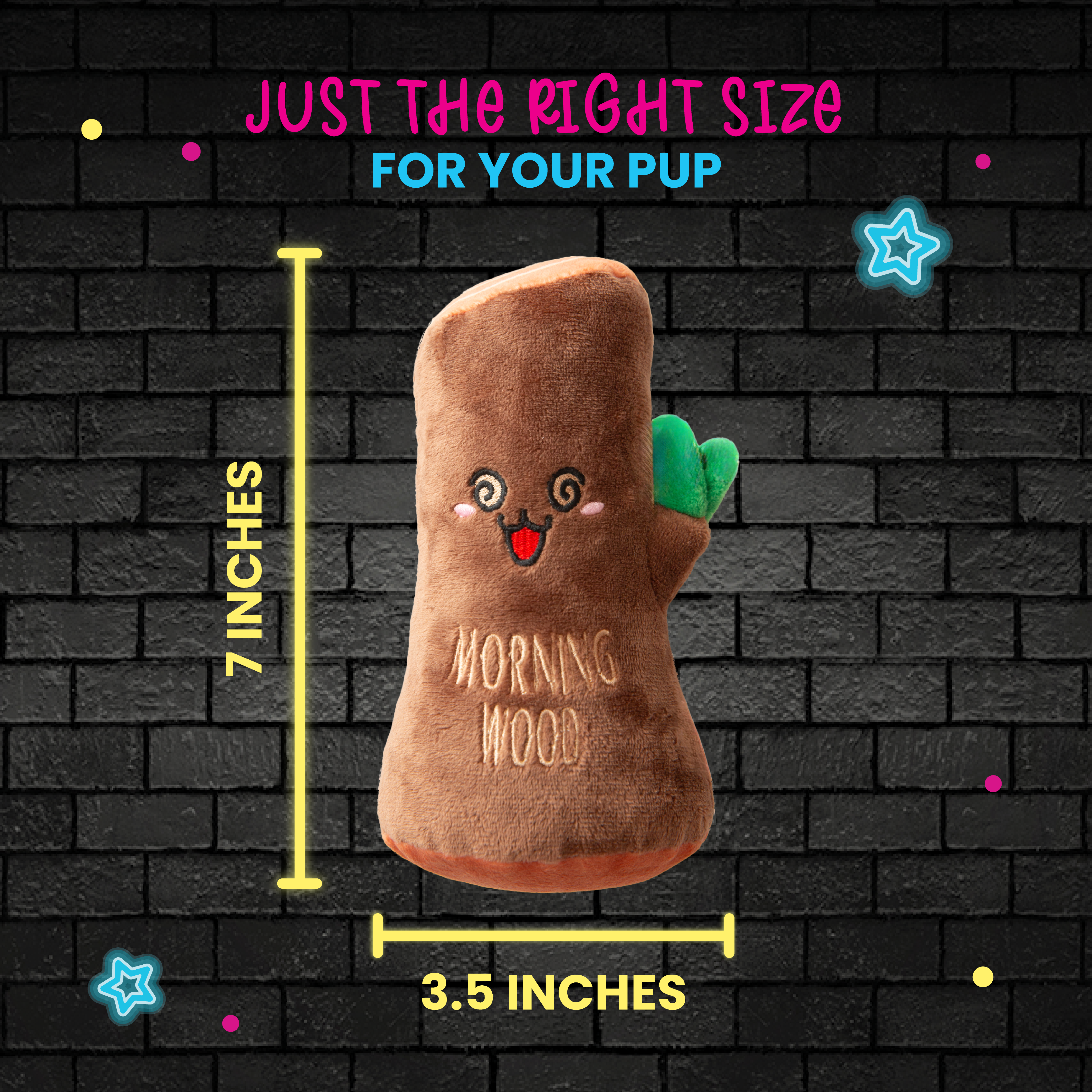 Snugarooz Morning Wood is a quirky, squeaky dog toy shaped like a brown tree log with a happy face, blushing cheeks, a green leaf, and "MORNING WOOD" stitched on the front—perfect for playful pups.