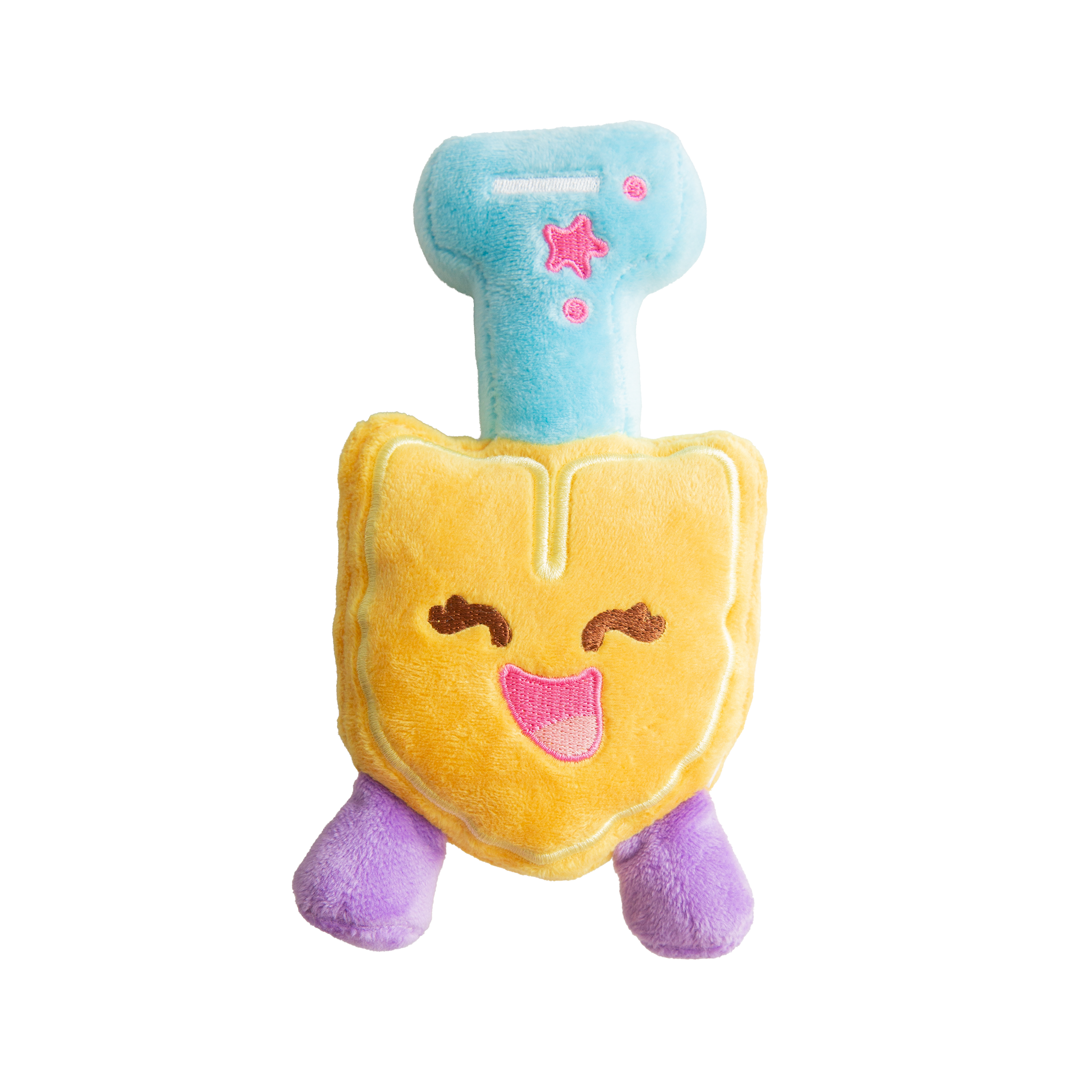 The Snugarooz Scoop There It Is is a plush dog toy shaped like a smiling yellow shield with embroidered details, purple legs, a blue top with pink stars and dashes, made from recycled water bottles—great for interactive play.