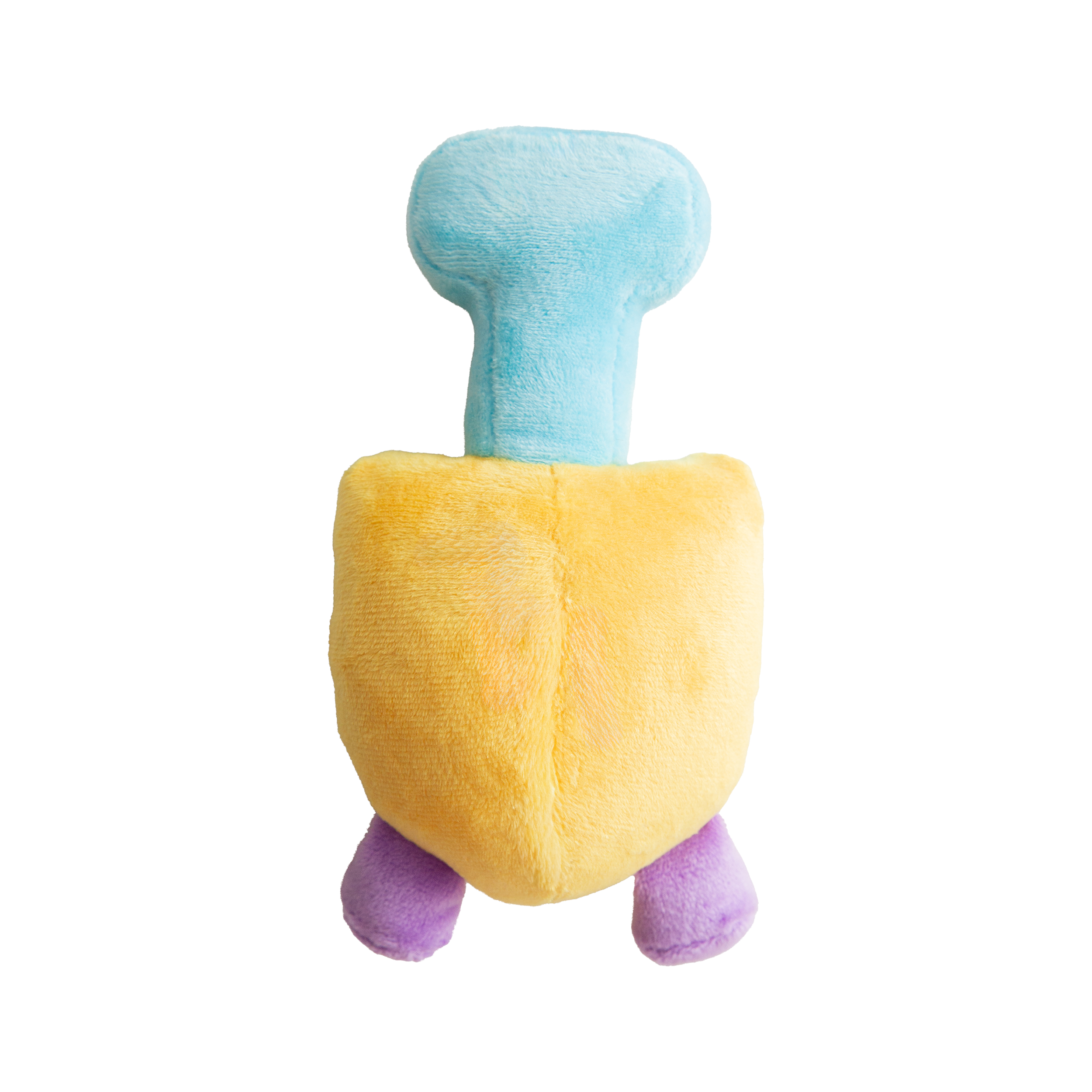 The Snugarooz Scoop There It Is is a plush dog toy shaped like a smiling yellow shield with embroidered details, purple legs, a blue top with pink stars and dashes, made from recycled water bottles—great for interactive play.
