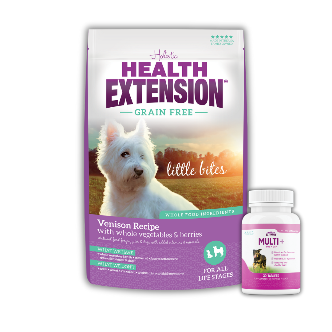 Health Extension Little Bites Grain-Free Venison Recipe dog food bag and a bottle of Multi+ dog vitamins