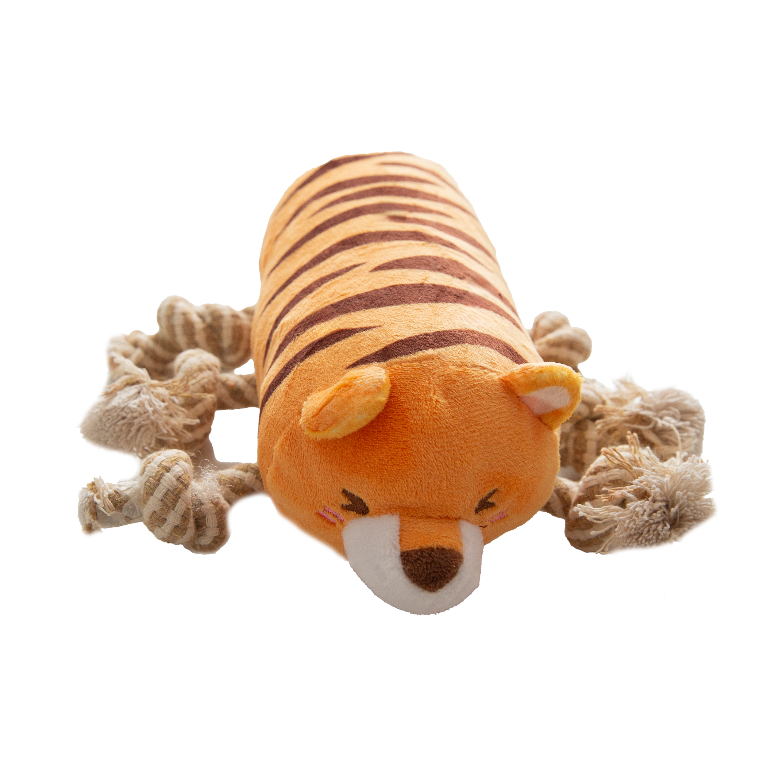 The Snugarooz Tug N’ Tiger is a plush, eco-friendly dog toy shaped like an orange tiger with rope knot legs and brown stripes—making playtime cute, sustainable, and fun.
