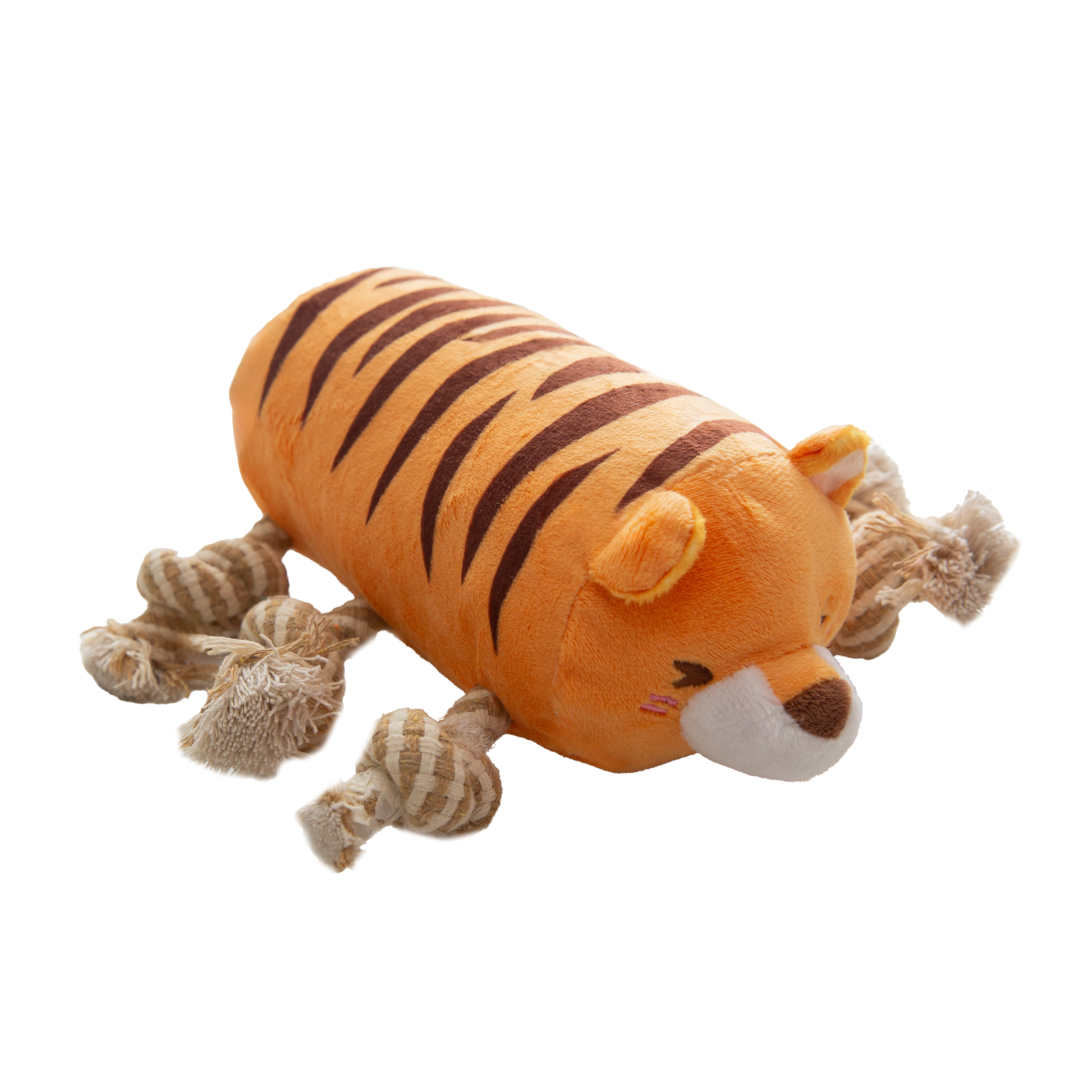The Snugarooz Tug N’ Tiger is a plush, eco-friendly dog toy shaped like an orange tiger with rope knot legs and brown stripes—making playtime cute, sustainable, and fun.