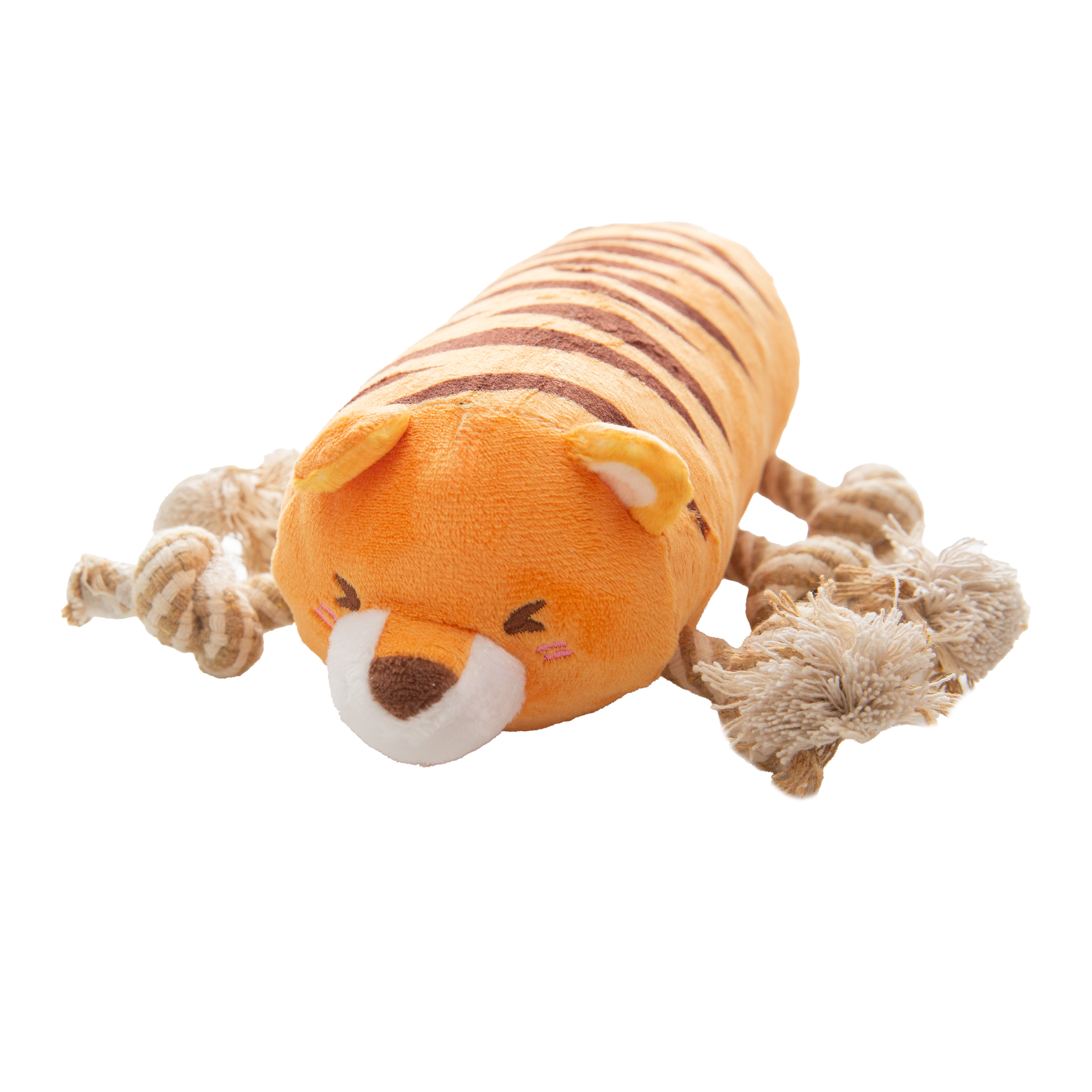 The Snugarooz Tug N’ Tiger is a plush, eco-friendly dog toy shaped like an orange tiger with rope knot legs and brown stripes—making playtime cute, sustainable, and fun.
